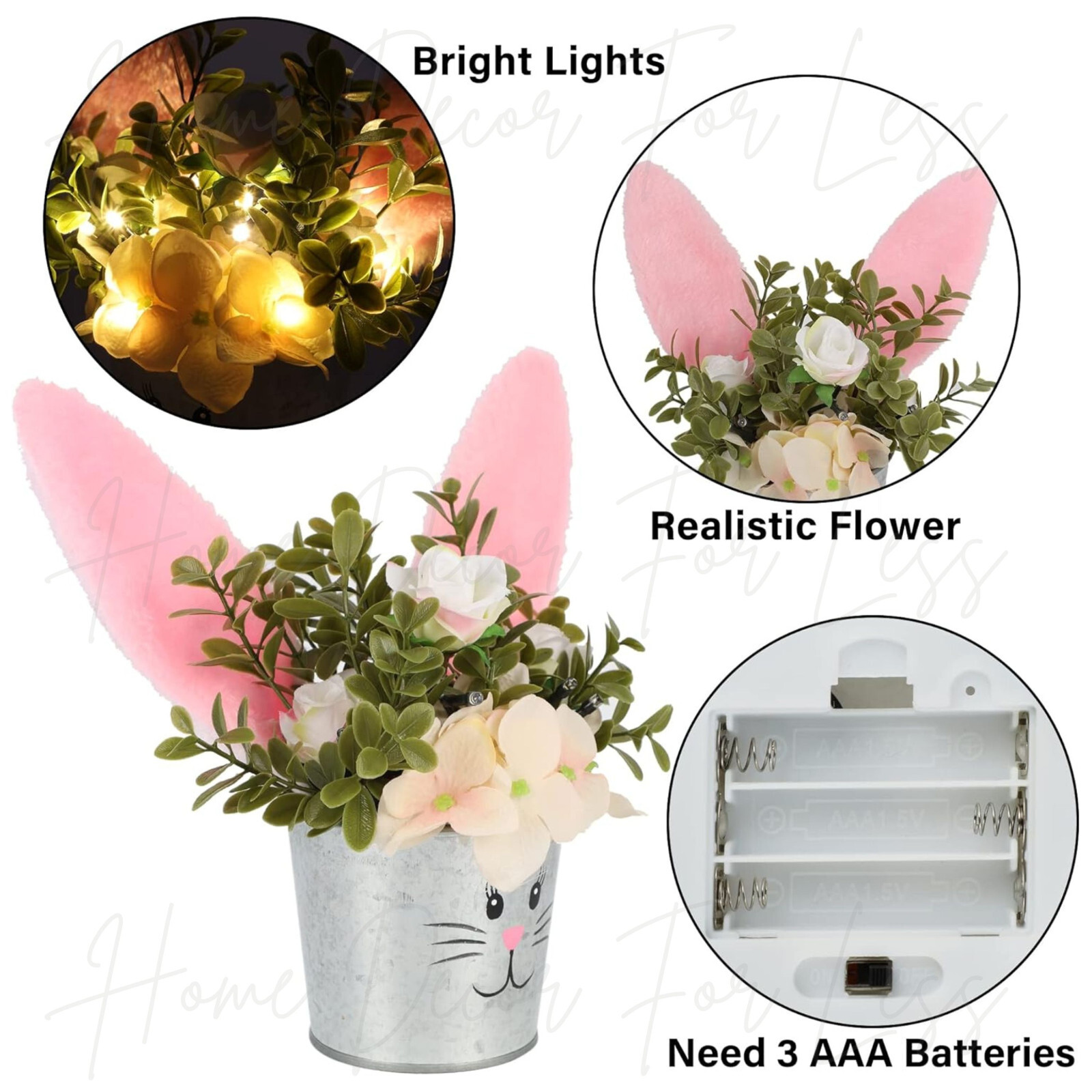Lighted LED Easter Bunny Rabbit Ears Floral Centerpiece Table Spring Home Decor