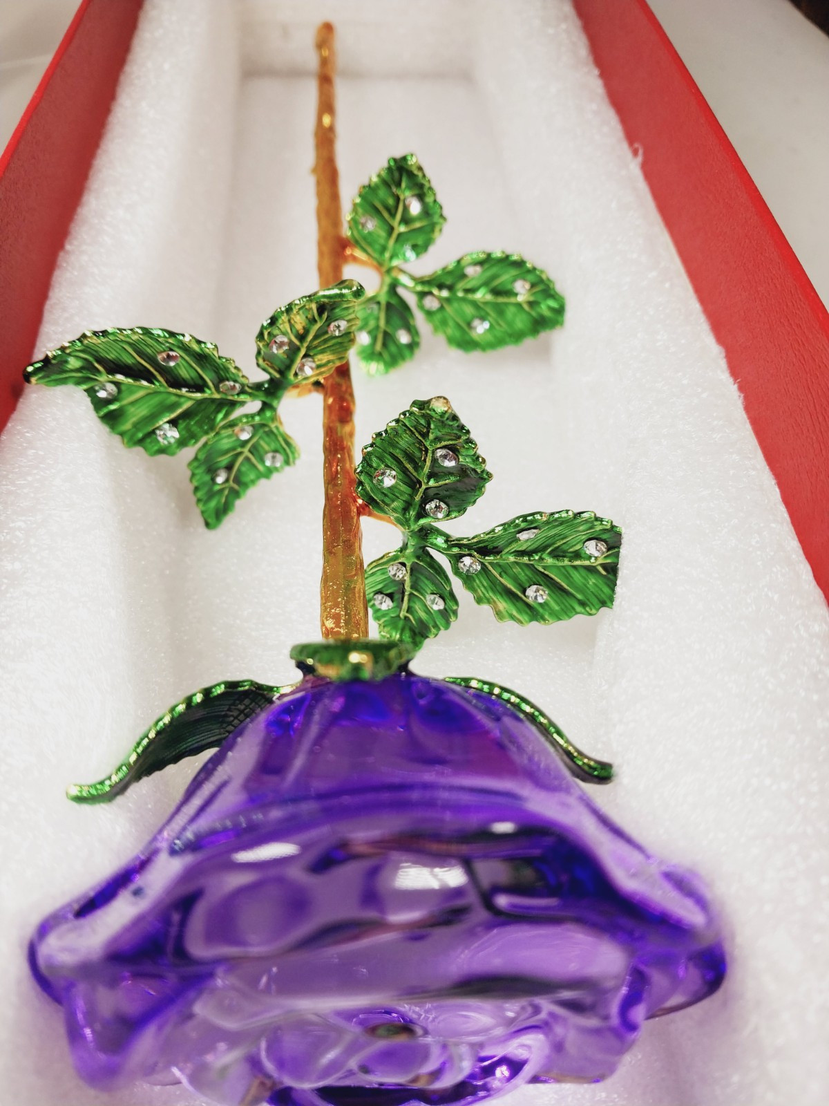 Long Stemmed Purple Rose Figurine Glass Crystal Mothers Easter Event Bling 9.5″