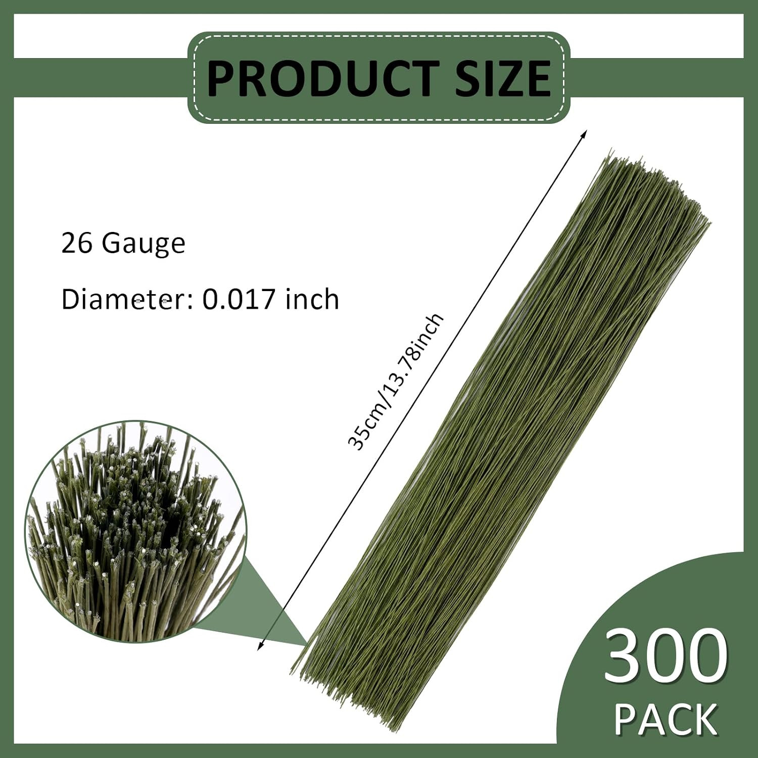 300 PCS Floral Wire Stems, 26 Gauge 14 Inch Artificial Flower Stems, Green Flow