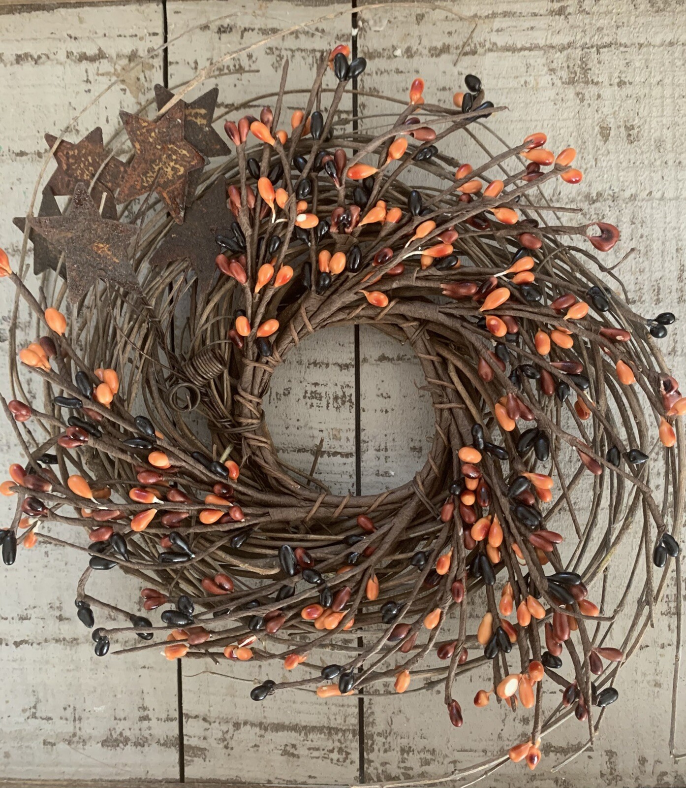 8” Primitive Orange Black Pip & Star Twig Wreath -Farmhouse Fall Halloween