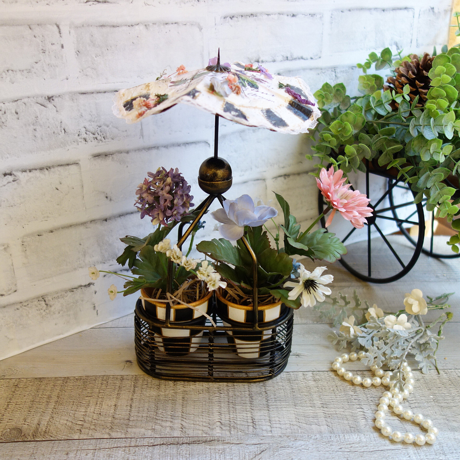 Black White Checked Flower Pot Floral Arrangement French Country Decor