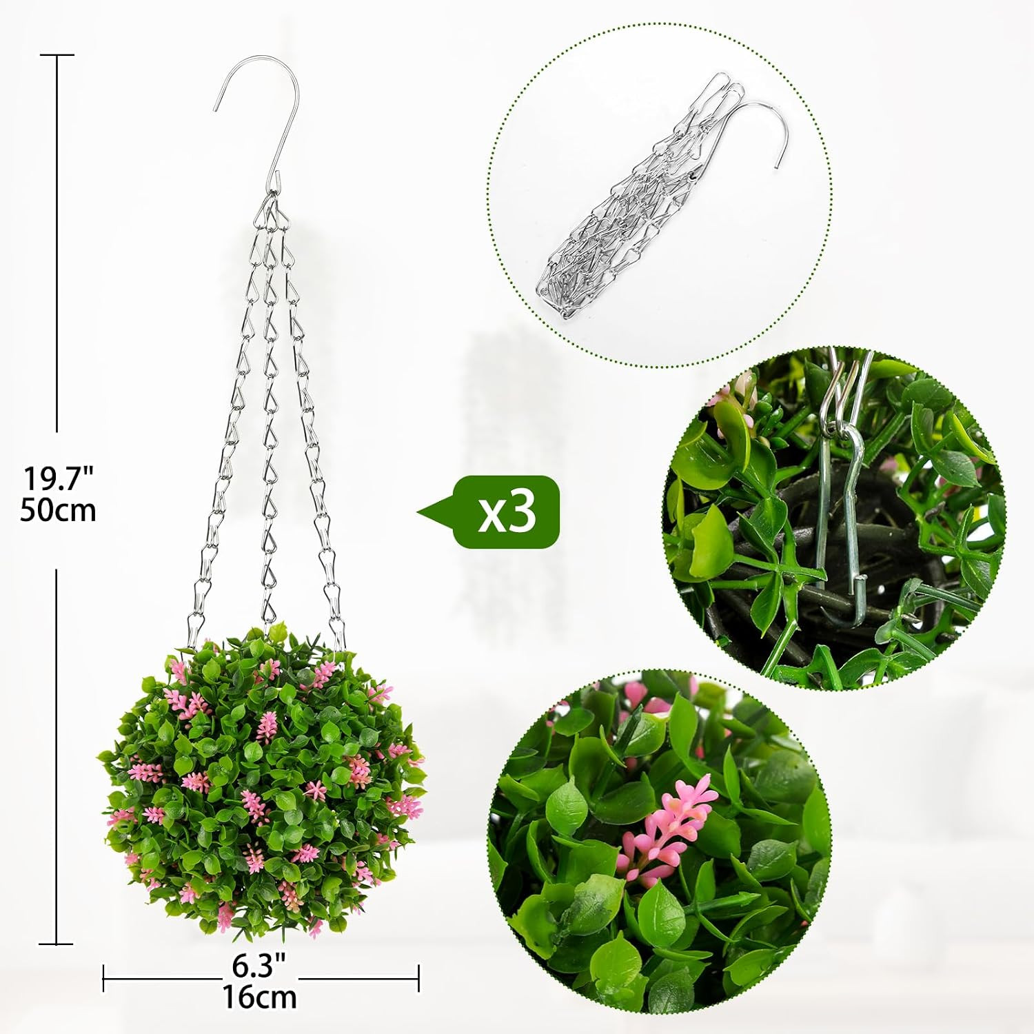 3 Pcs Artificial Hanging Topiary Flower Ball – Mini 6.3″ Fake Hanging Topiary Ba