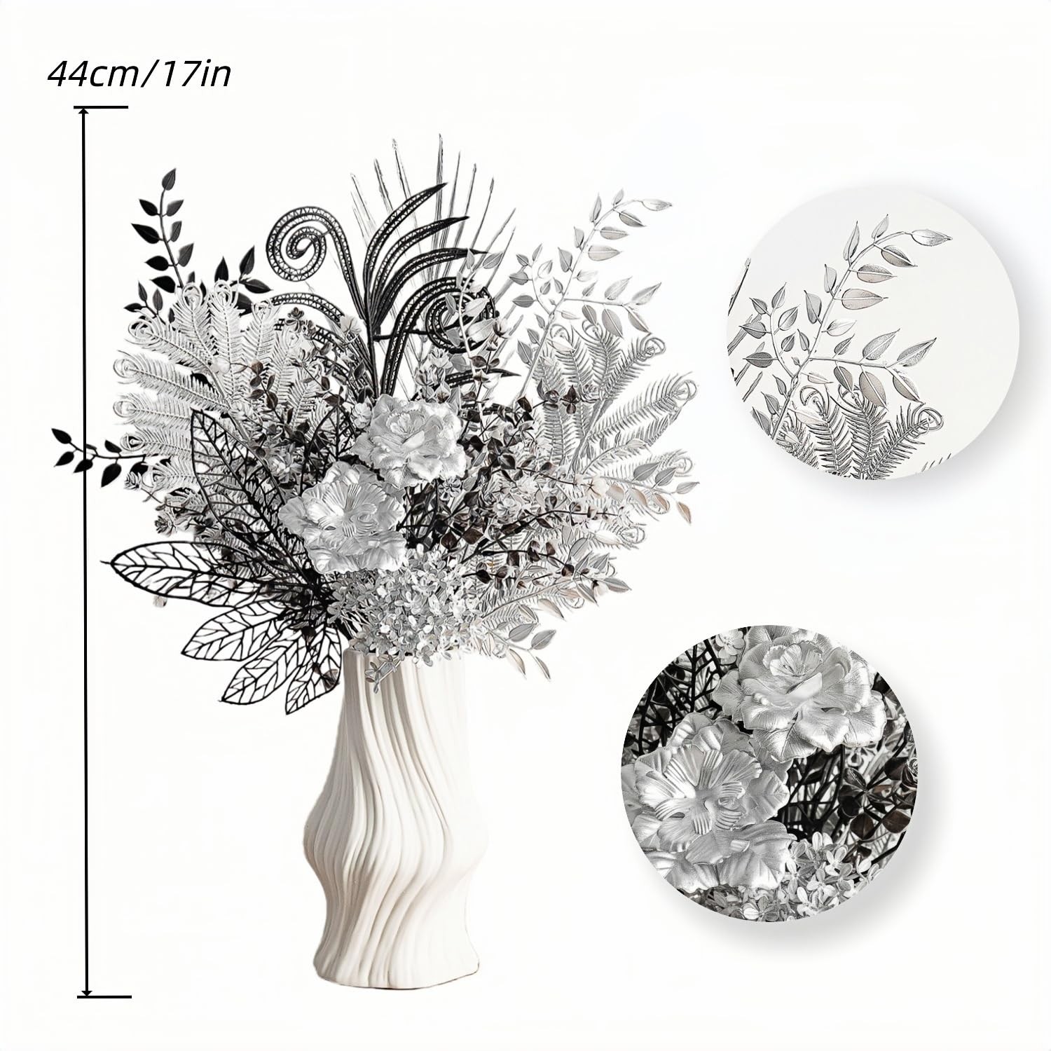 17-Inch Shimmering Black and Silver Artificial Bouquet, Modern Gothic Silk Flowe
