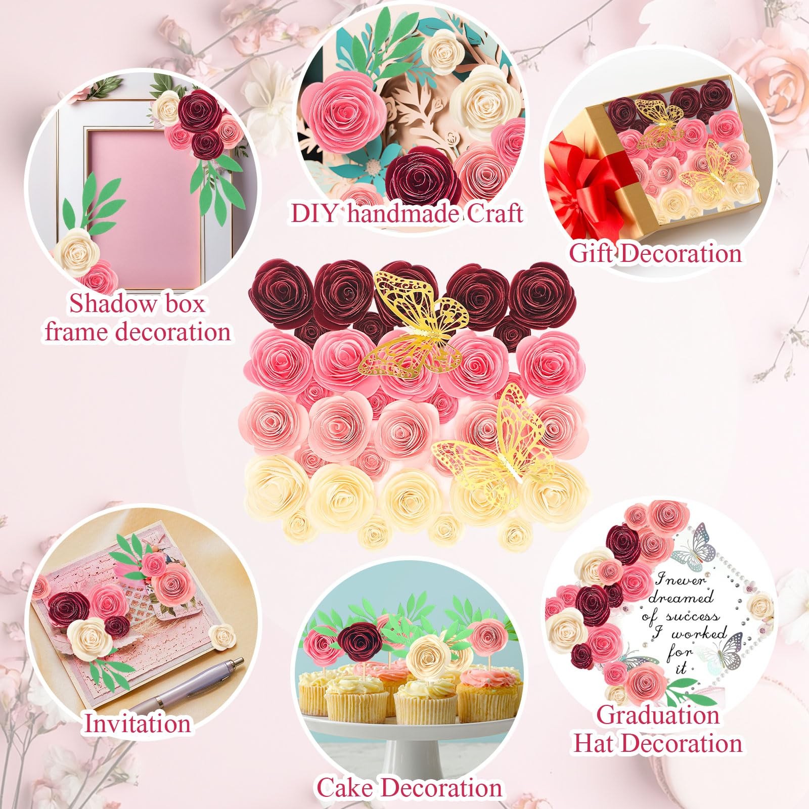 36 Pcs 3D Rolled Artificial Roses Paper Flowers for Crafts Graduation Cap Dec…