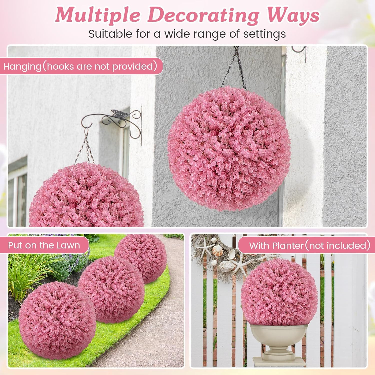17.5 Inch Topiary Balls Artificial Outdoor Set of 2, Faux Pink Eucalyptus Decora
