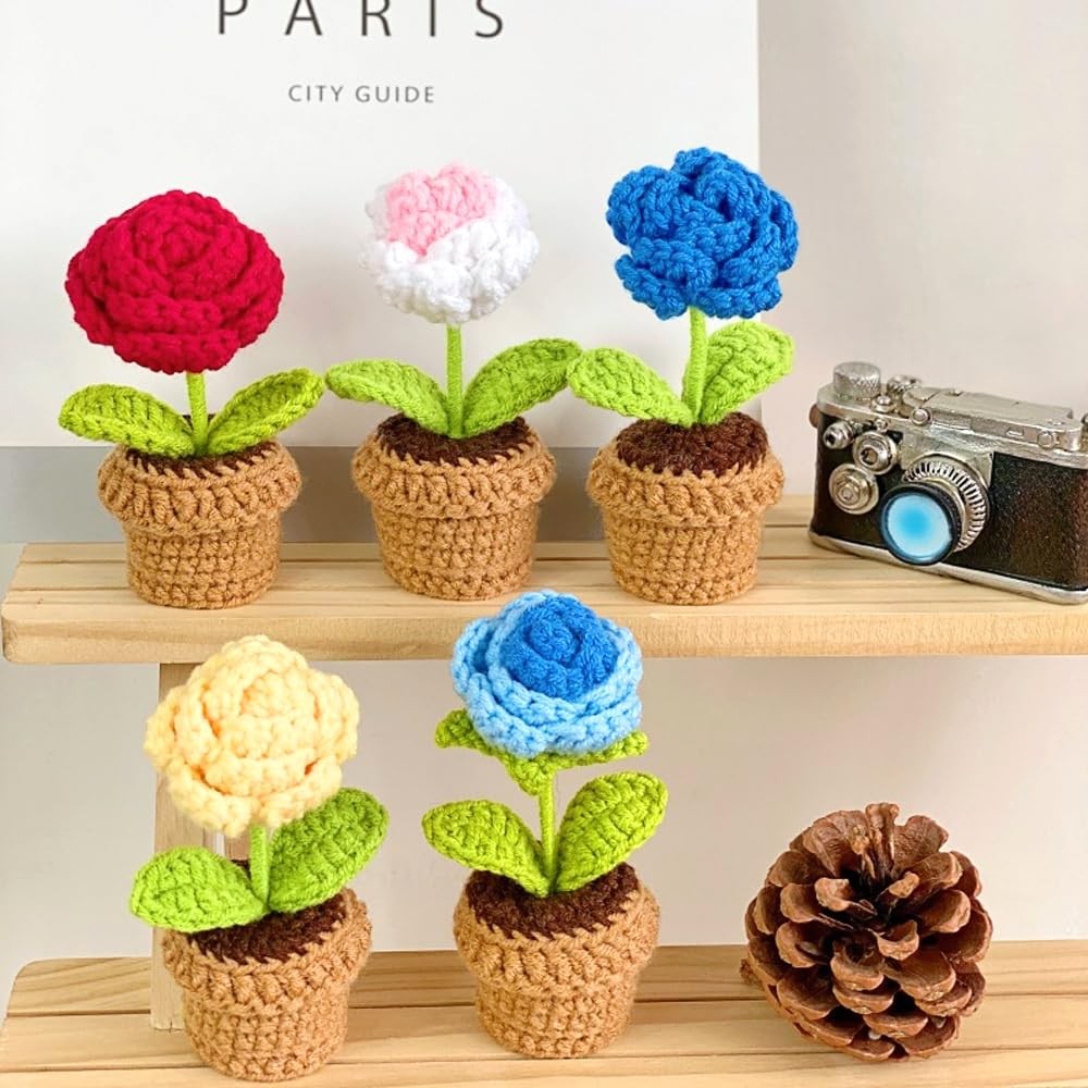 Cute Knitted Flower Plant, Kawaii Handmade Crochet Flowers,Small Potted Artif…