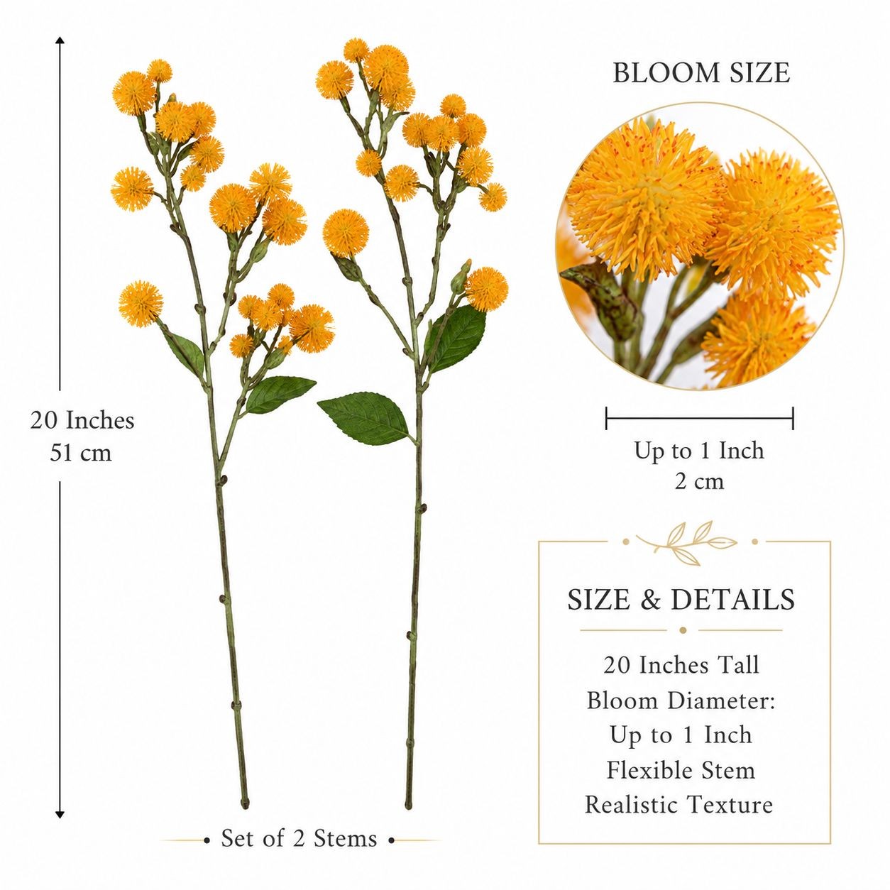Yellow Faux Thistle Stems Set of 2, 20 Inch Artificial Wildflower Stems, Mustard