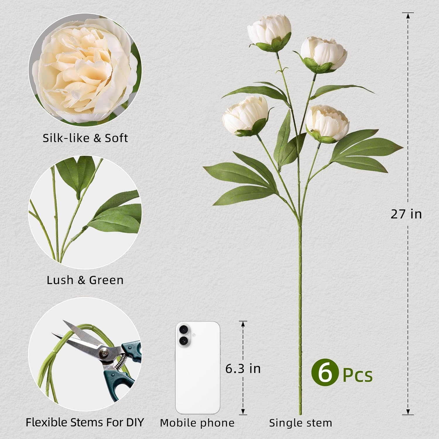 florisso 6 Pcs Peony Artificial Flowers for Vase 27″ – Fake Stems (Beige) | Bulk
