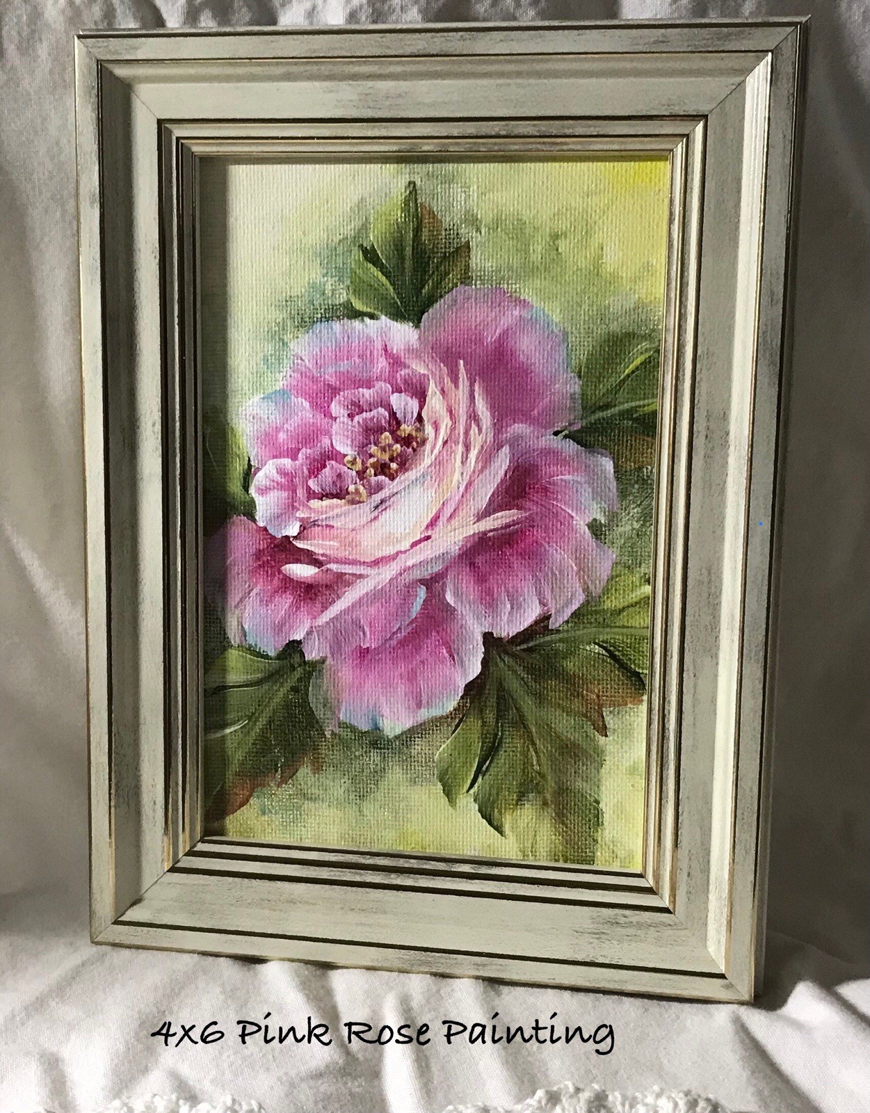 Shabby Chic PINK ROSE 4×6 Painting~Frame Included~~Jann Mendenhall~~🌹🌹🌹