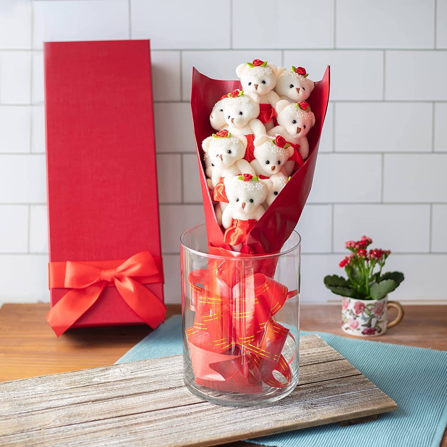 Deluxe Red Love Bear Bouquet One Dozen Long Stemmed Roses w Plush Bears in Tutus