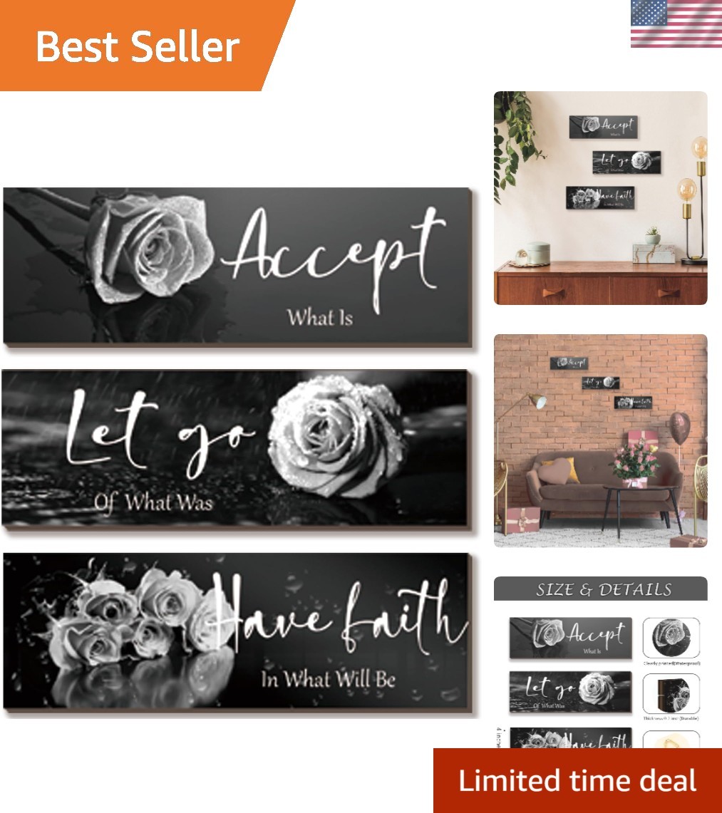Modern Wooden Flower Wall Art – 3 Piece Black White Rose Inspirational Design