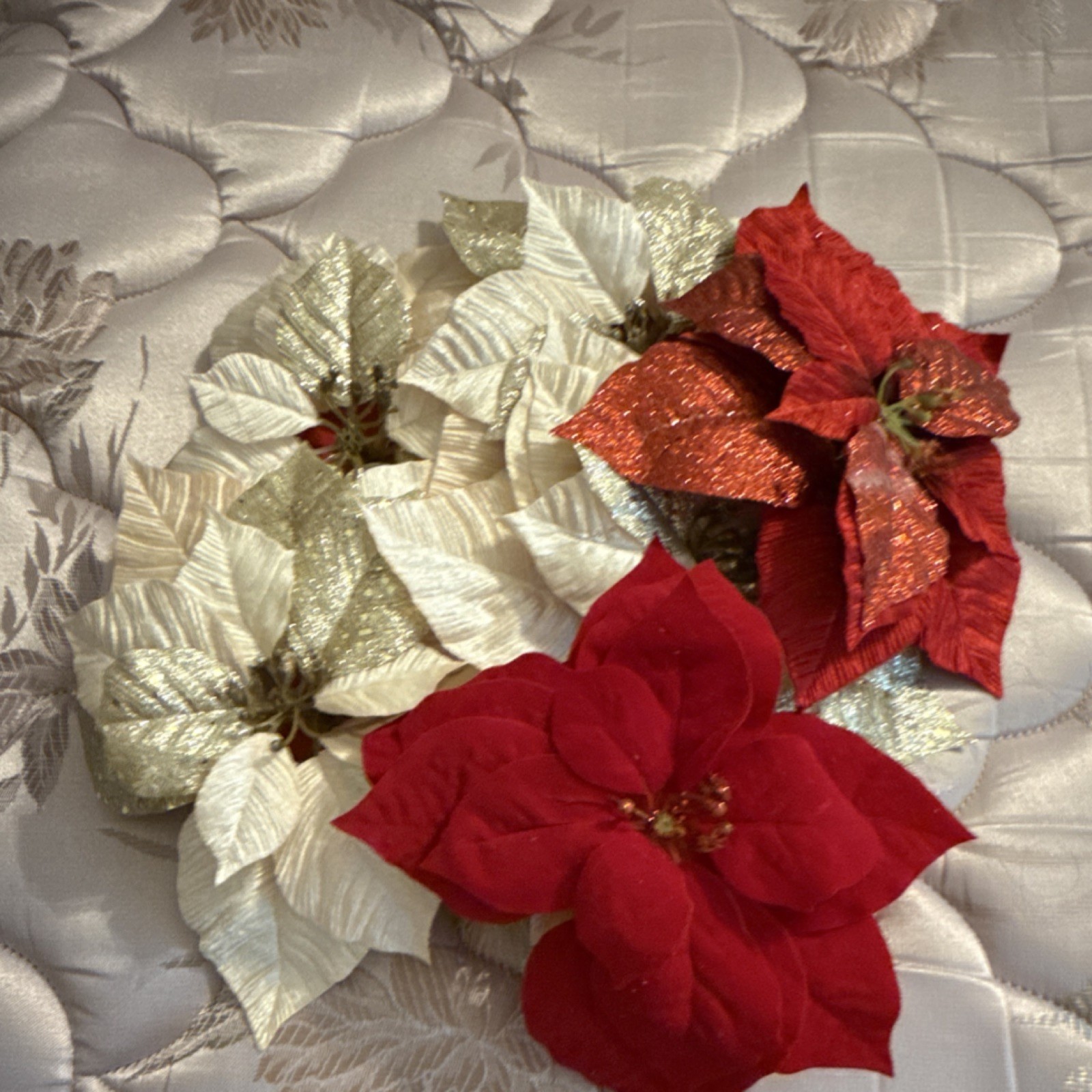 Artificial Poinsettia Flower Clips Red White Gold Floral Decor set of 6