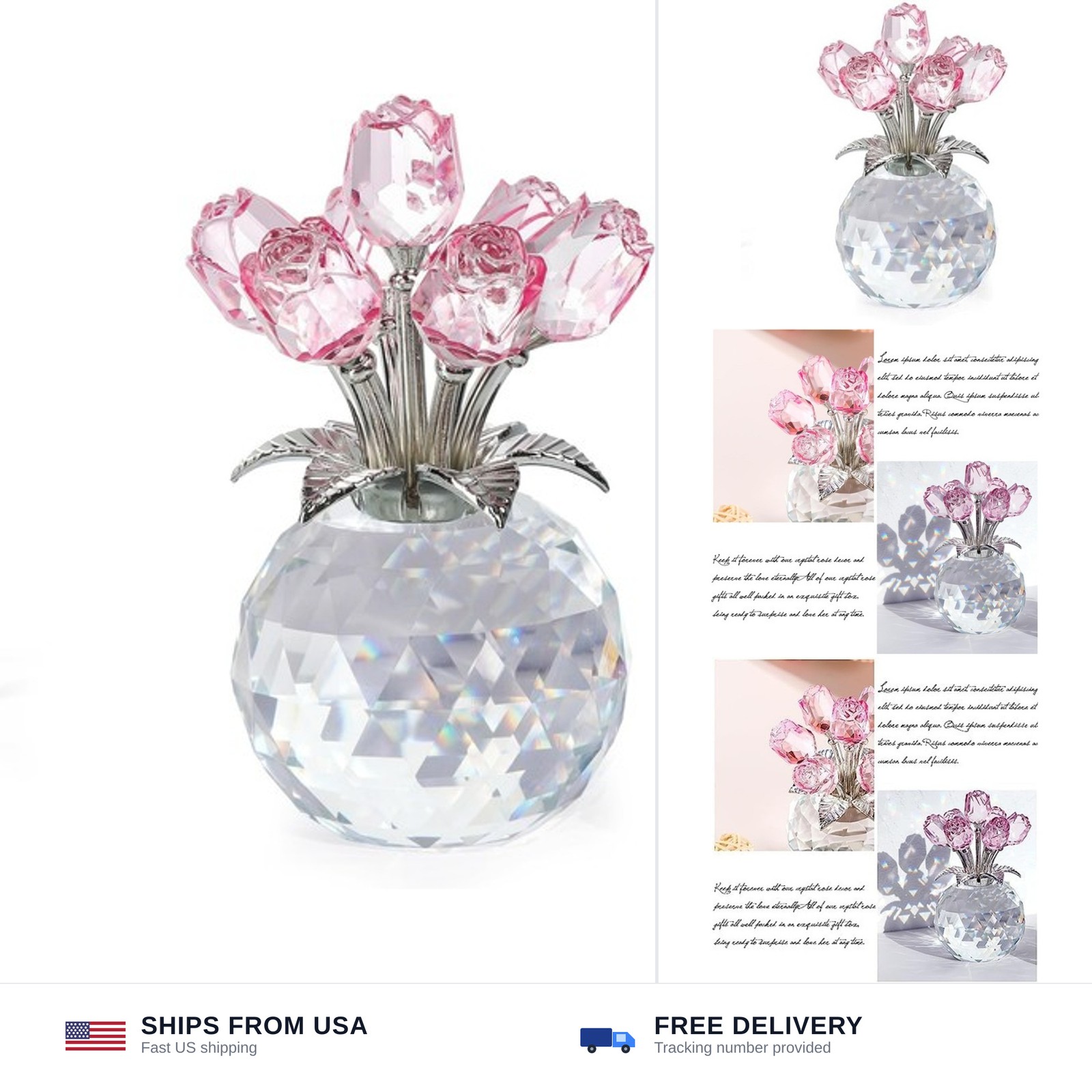 Crystal Rose Bouquet Flower Figurine – Pink Rose Gifts for Women, Collectible…