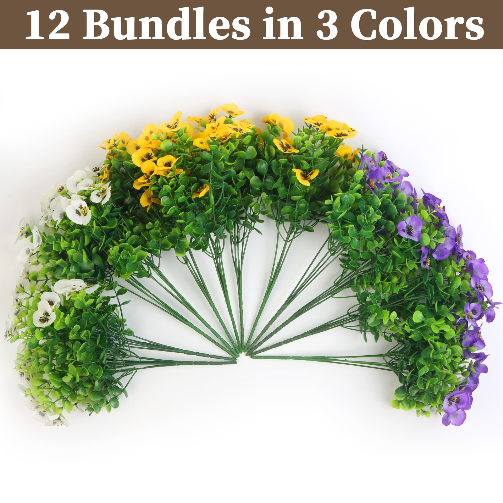 12 Bundles Artificial Fake Pansy Flowers for Outdoor – Yellow, White & Purple…
