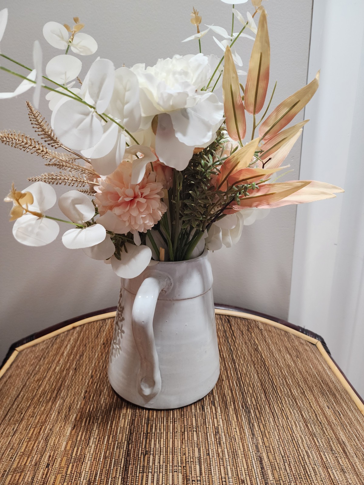 Gorgeoue Handmade Flower Arrangement in Ceramic Vase Pitcher Peach And White