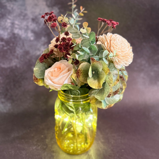 Sola Wood Floral Farmhouse Arrangement Yellow Mason Jar LED Lights Home Decor