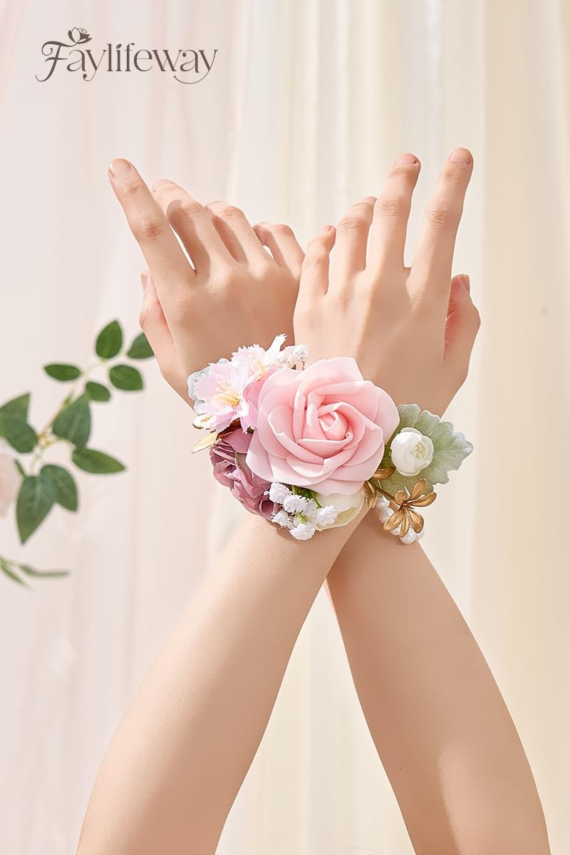 Pink Rose Corsage and Boutonniere Set Prom Flower Wrist Corsage for Wedding B…