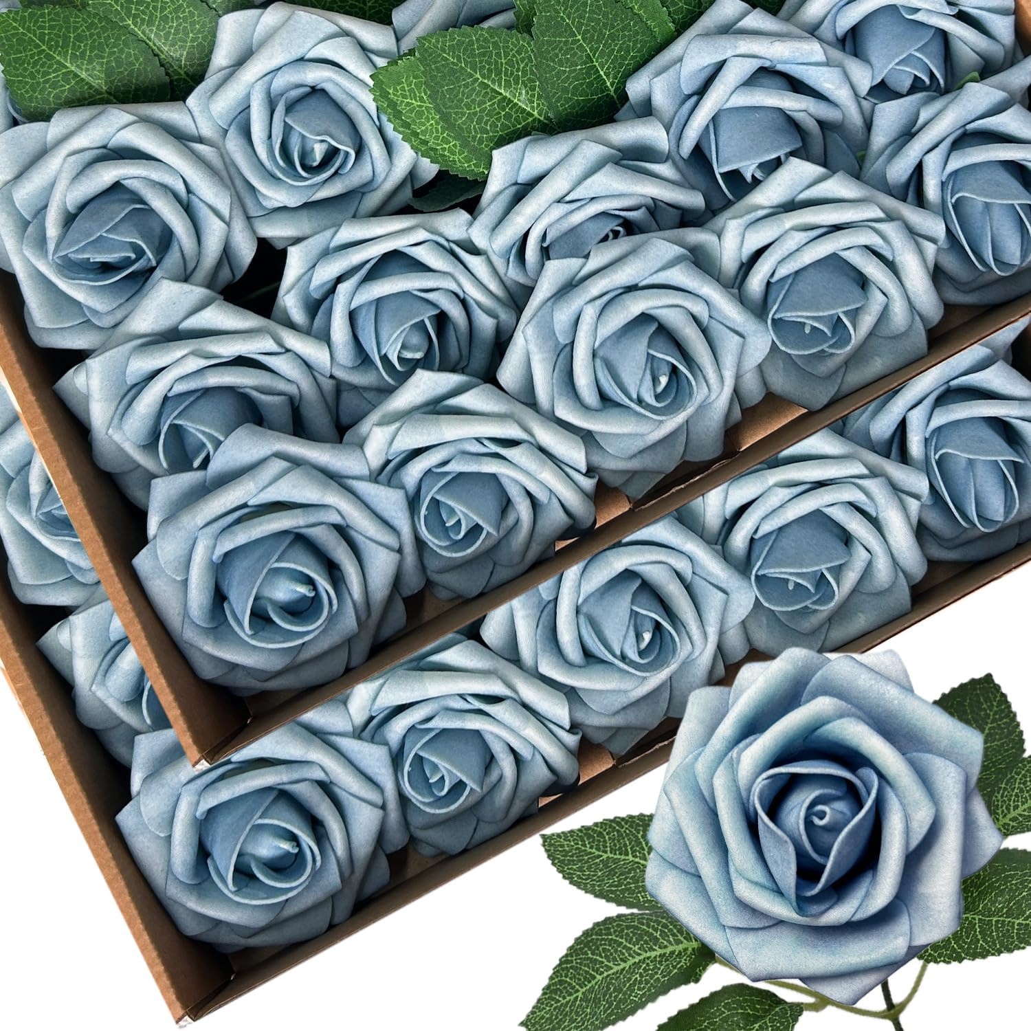 50PCS Light Blue Foam Artificial Roses with Stems & Leaves, Faux Wedding Bouquet