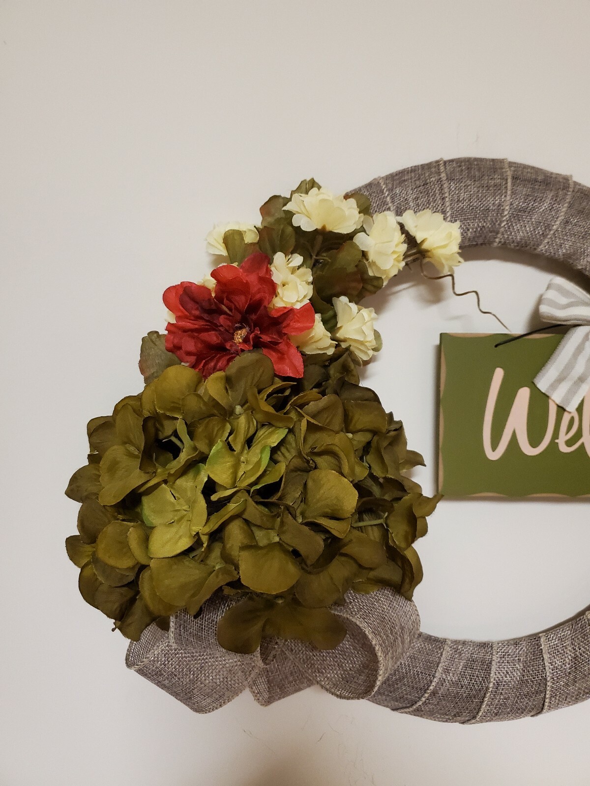 WELCOME wreath FLOWER Hydrangeas Mums burlap FALL autumn Decor Front Door 15