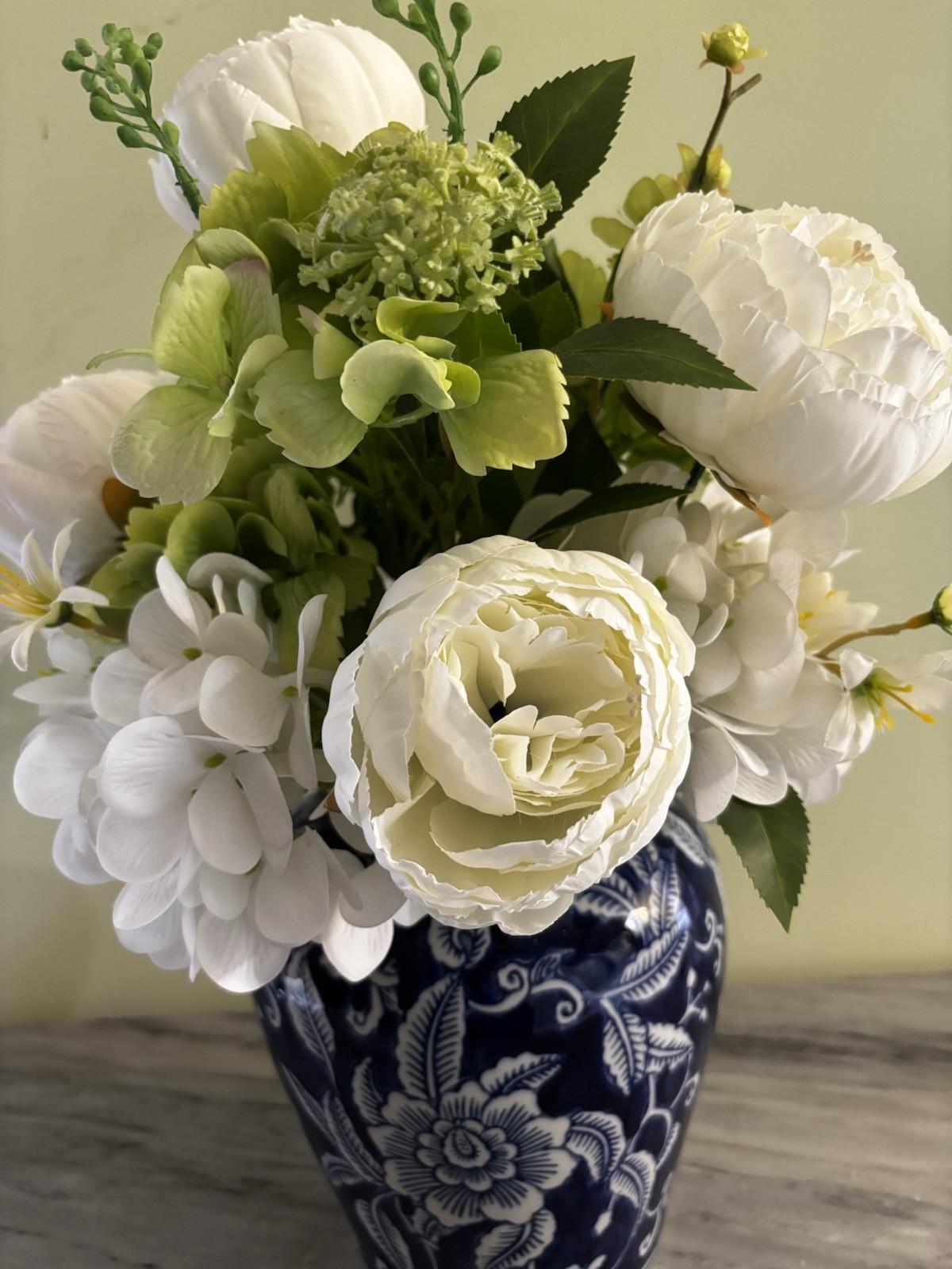 White Peonies Silk Flowers In Cobalt Blue Vase Decor Stands Approx 17” Tall