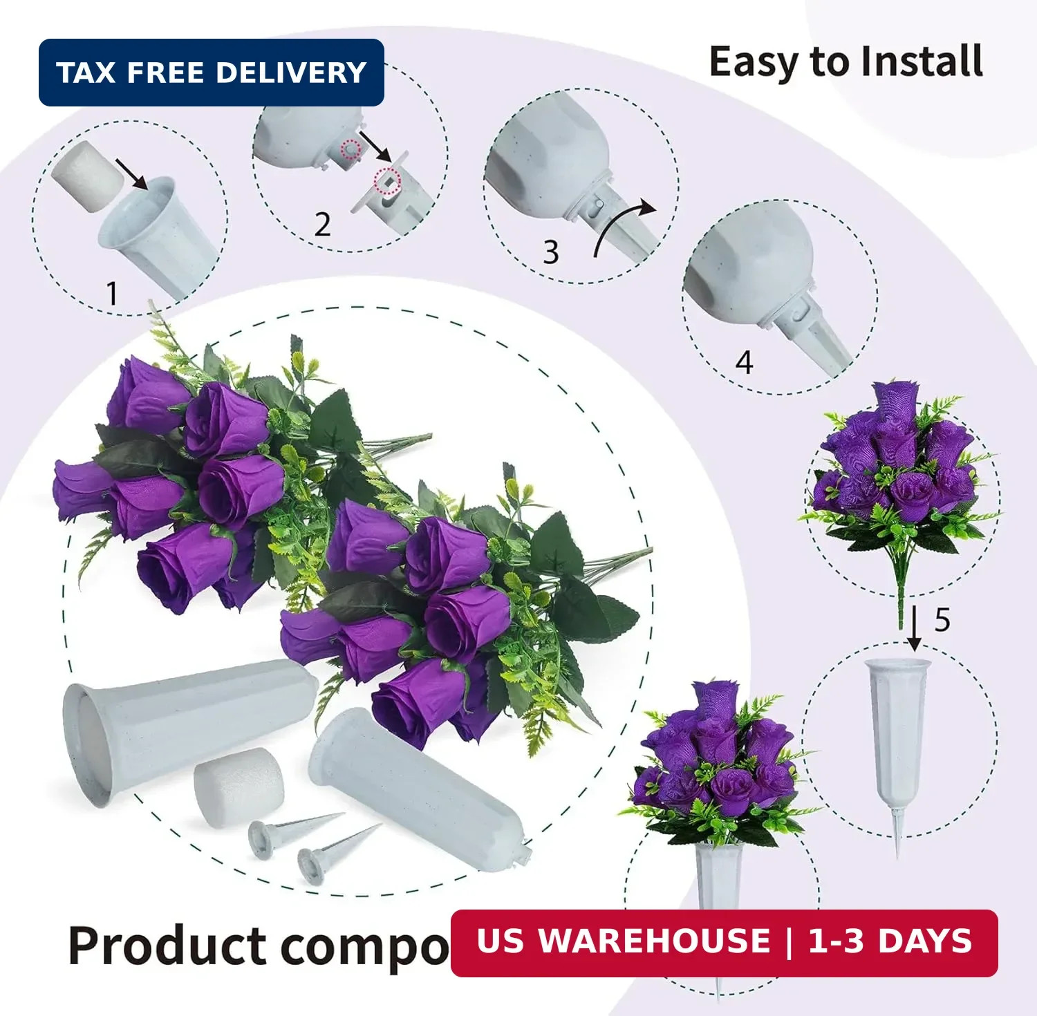 Artificial Cemetery Flowers,2 Sets Artificial Rose Flowers with Vase,Memorial Fl
