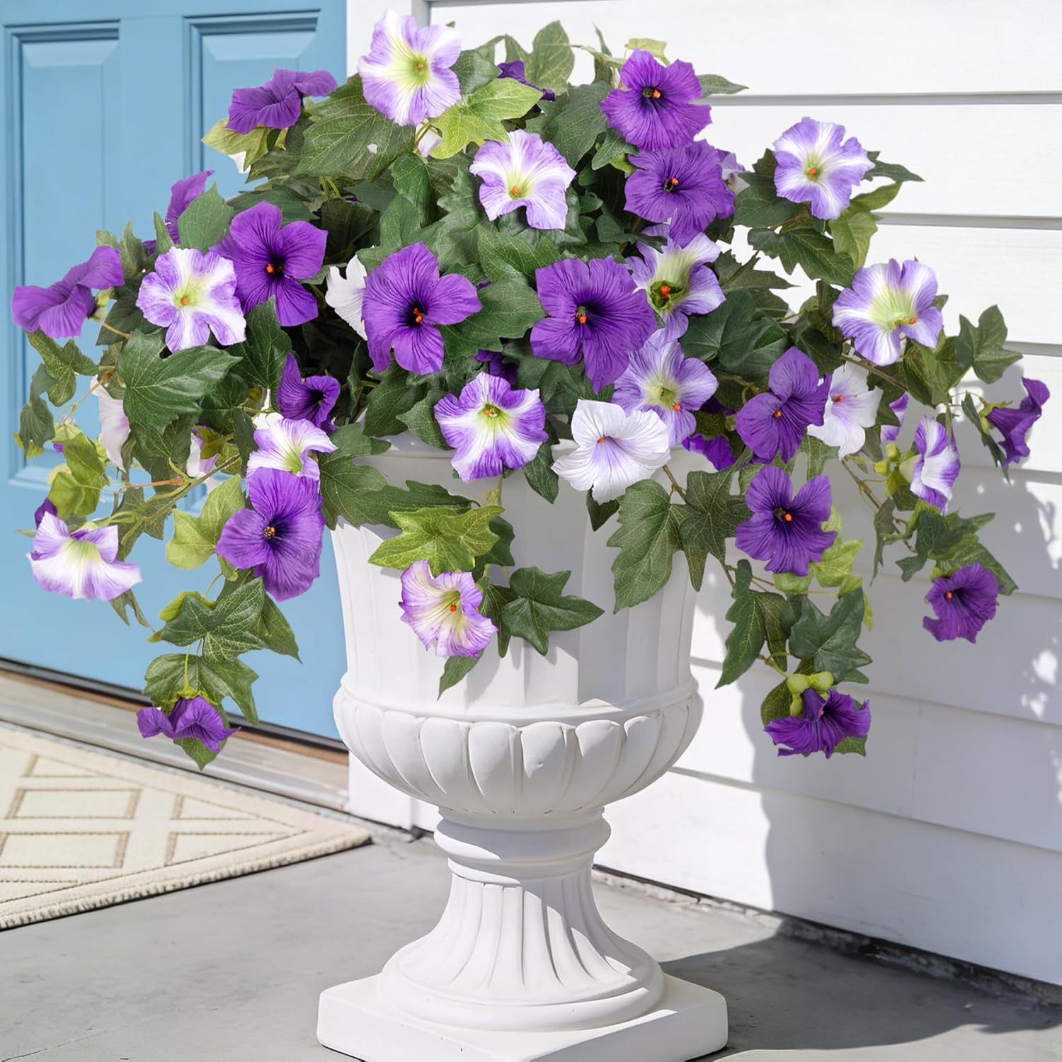 Artificial Faux Petunias Flowers 2PCS UV Resistant for Outdoor Purple White
