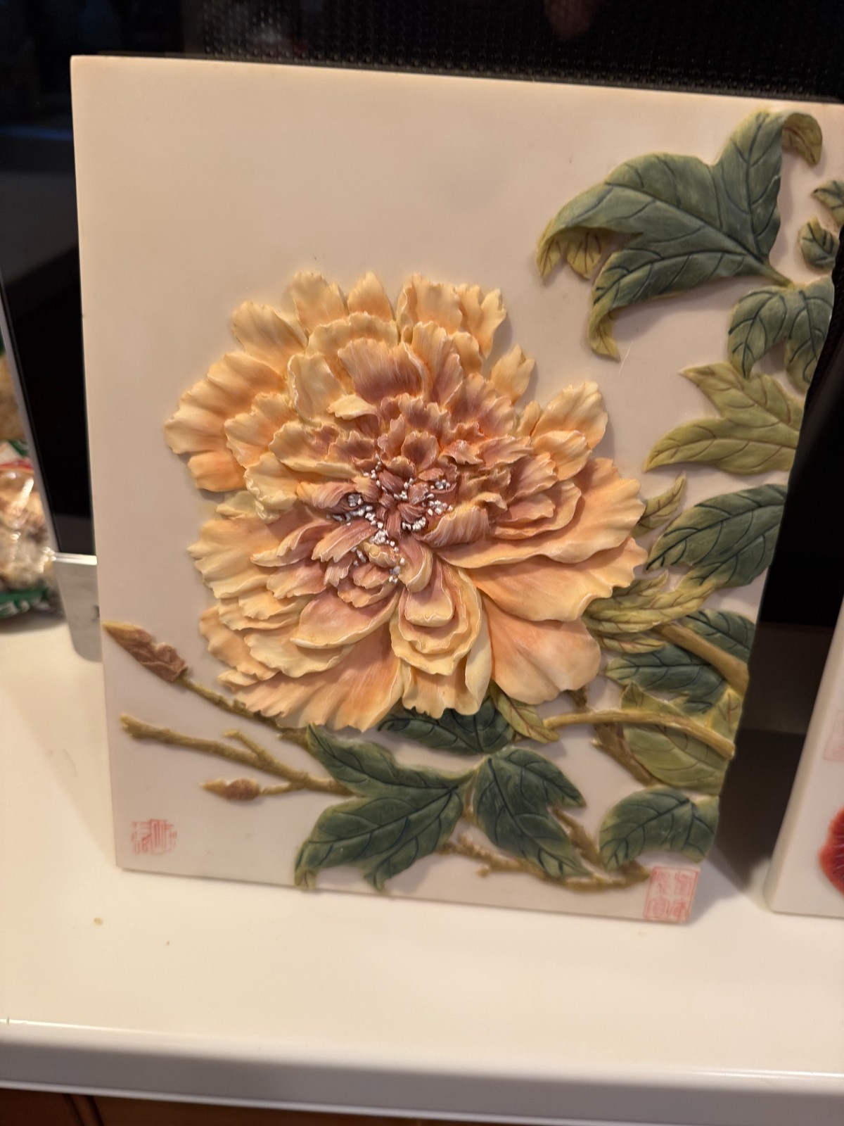 Vintage 2 Chinese PLAQUES Hand Painted PEONY AND ORCHIDS 7.5″ X 9.5″ SIGNED