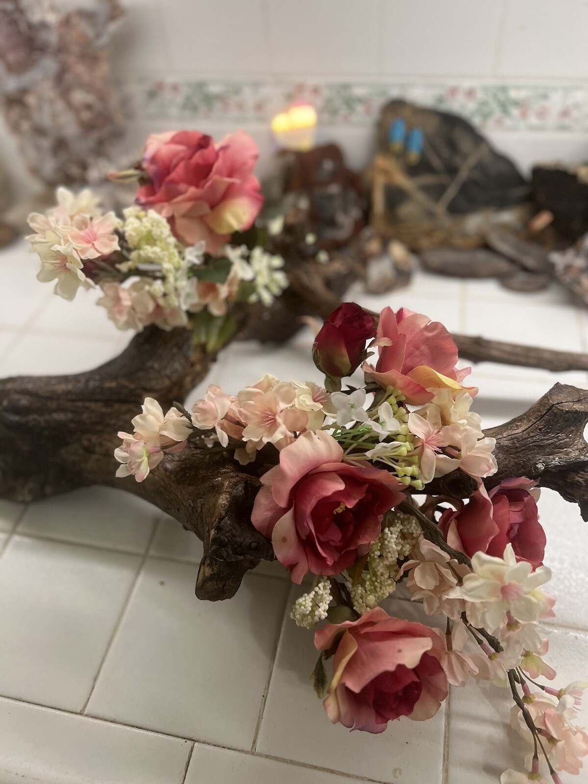 ORIGINAL FLORAL DESIGN WOOD BASE, ROSES, PEACH BLOSSOMS MOSSES BABY BREATH