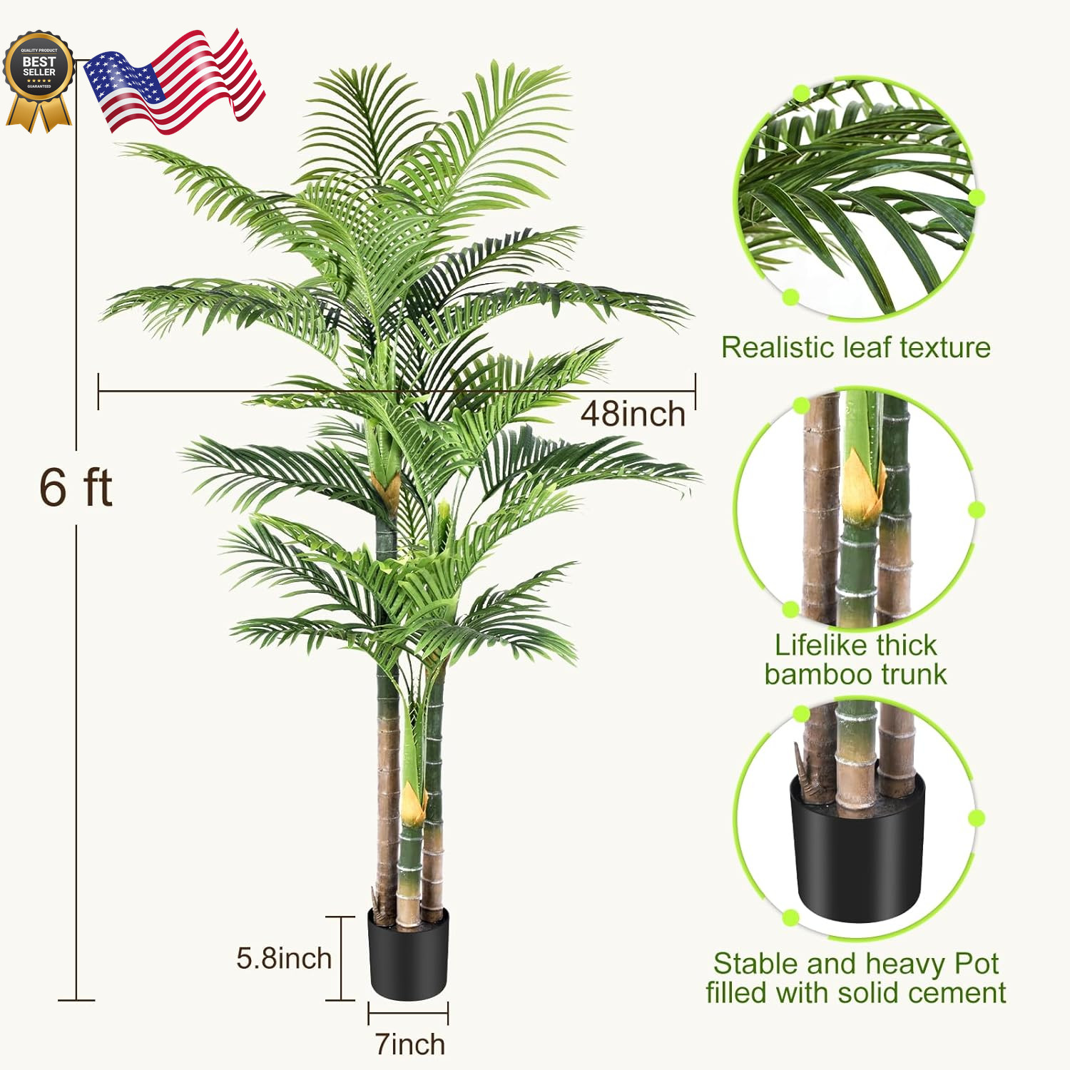6Ft Tall Triple Golden Cane Palm Artificial Tree Large Tropical Palm Tree UV Res
