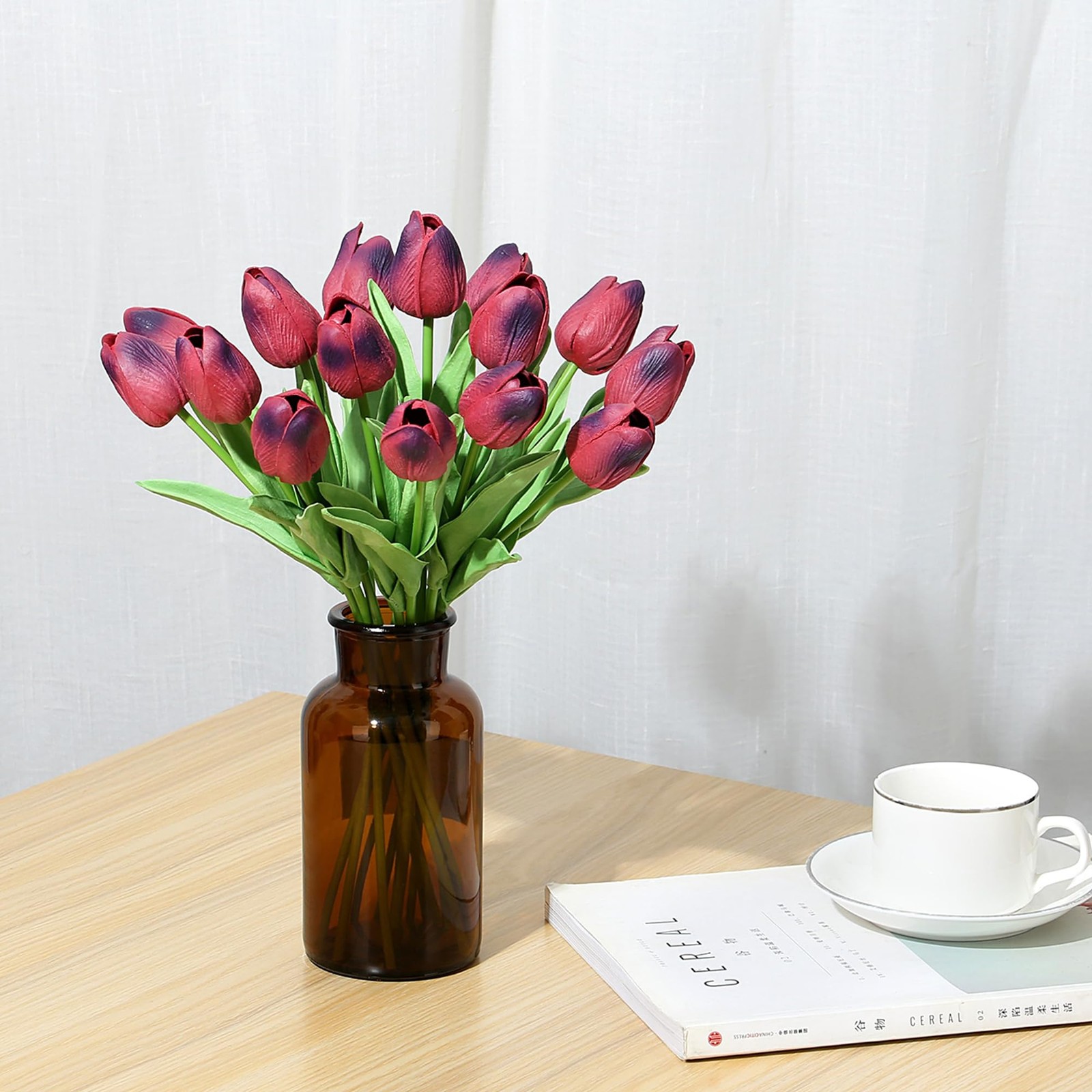 15pcs Tulips Fake Burgundy Artificial Flowers Real Touch 14″ PU Flower for Ho…