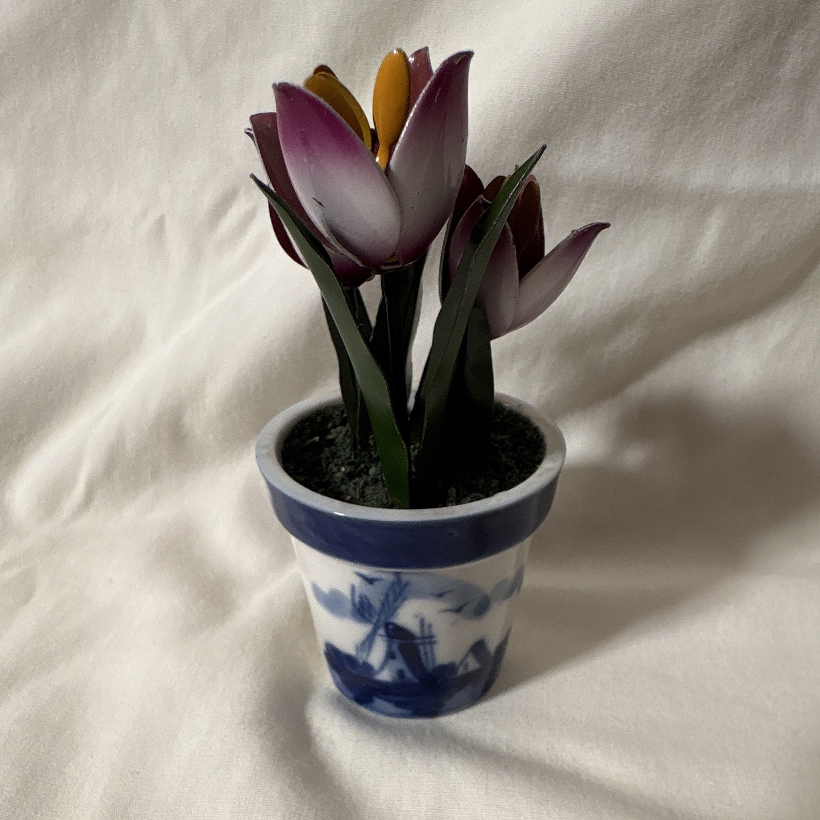 Enesco Artificial Crocus Floral Arrangement Ceramic Pot Blue/White Delft 6 in