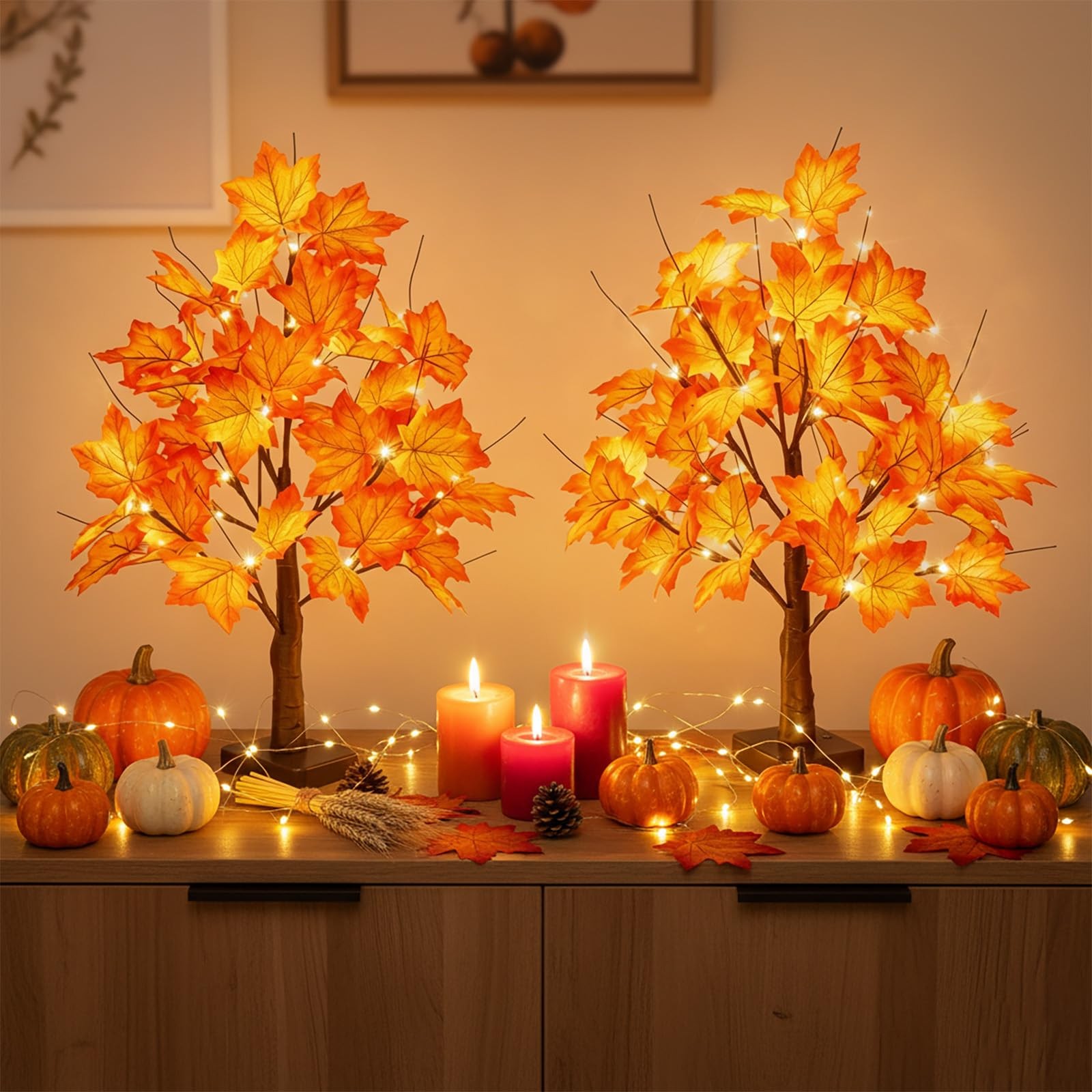 Fall Decorations Maple Tree with 24 LED Lights Tabletop Thanksgiving Gift 2 Pack