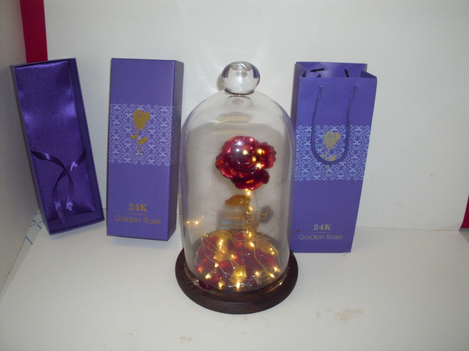 24K Golden Rose Gold Dipped Rose Box,Bag,Lights Heavy Crystal Dome Oak Base