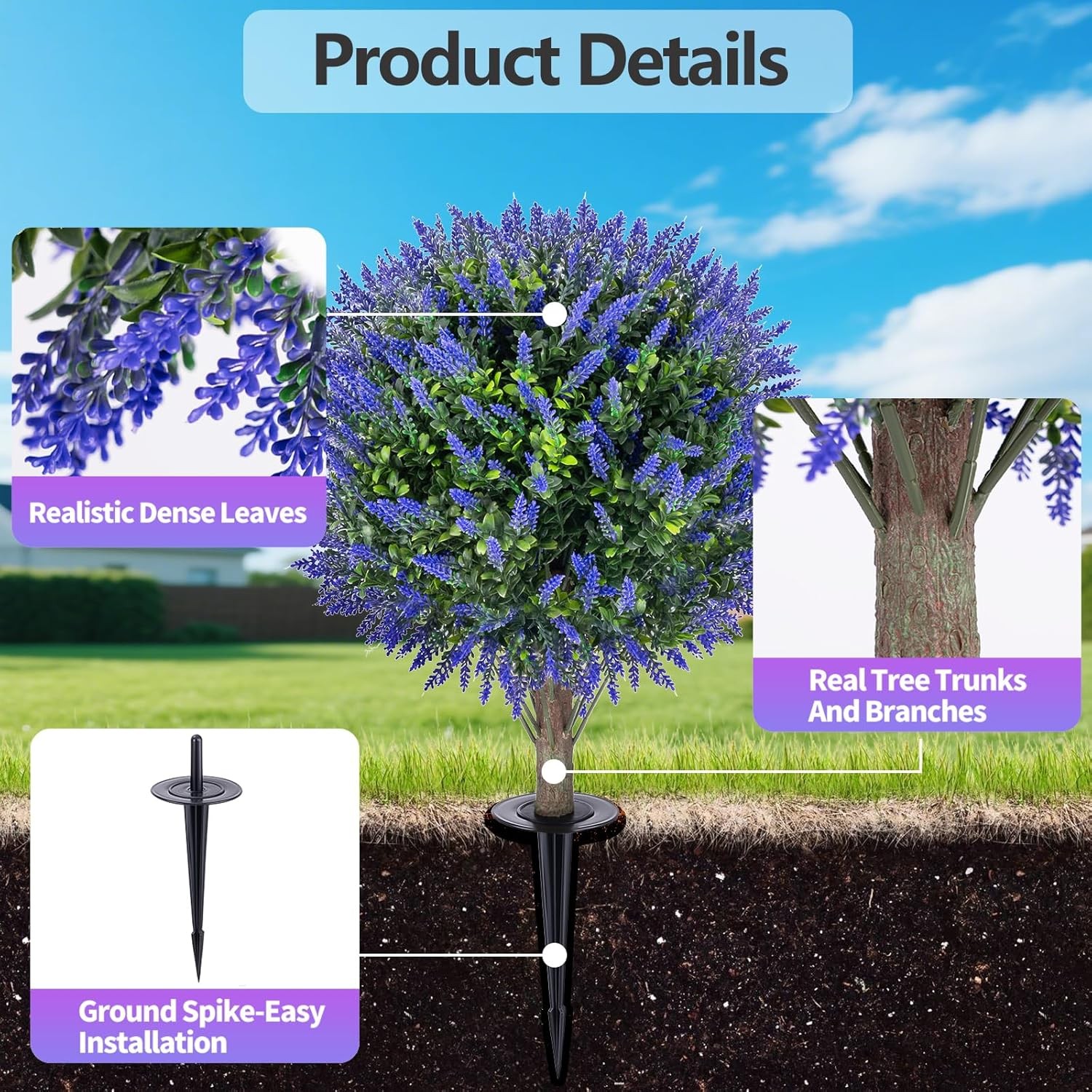 2PC Artificial Lavender Topiary Ball Tree 26″ with Ground Spikes UV Resistant
