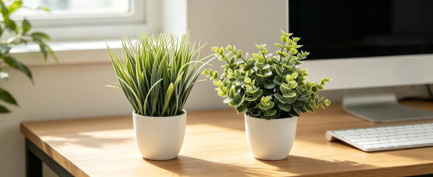 2 Pack Small Fake Plants, Artificial Eucalyptus Potted Plants for Spring and