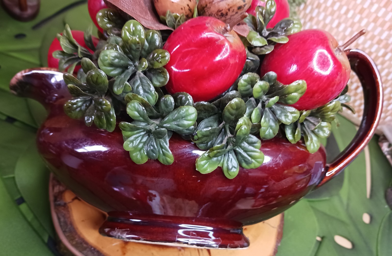 Faux Apple Nut Foliage Bouquet in HULL Vintage Teapot ~ Red Brown Green 11 x 8″