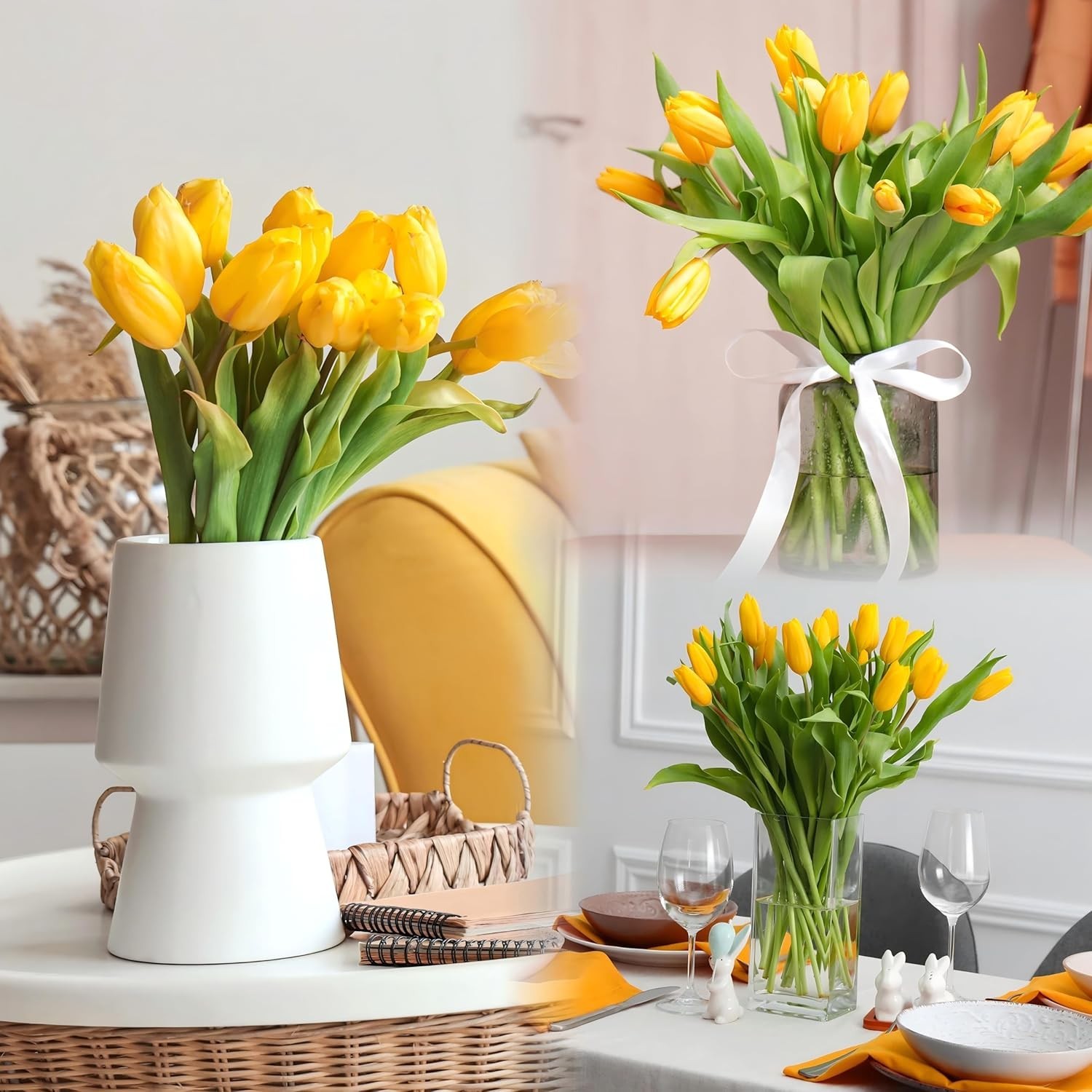 30 PCS Gold Yellow Tulips Artificial Bouquet Real Touch Faux Flowers Decor