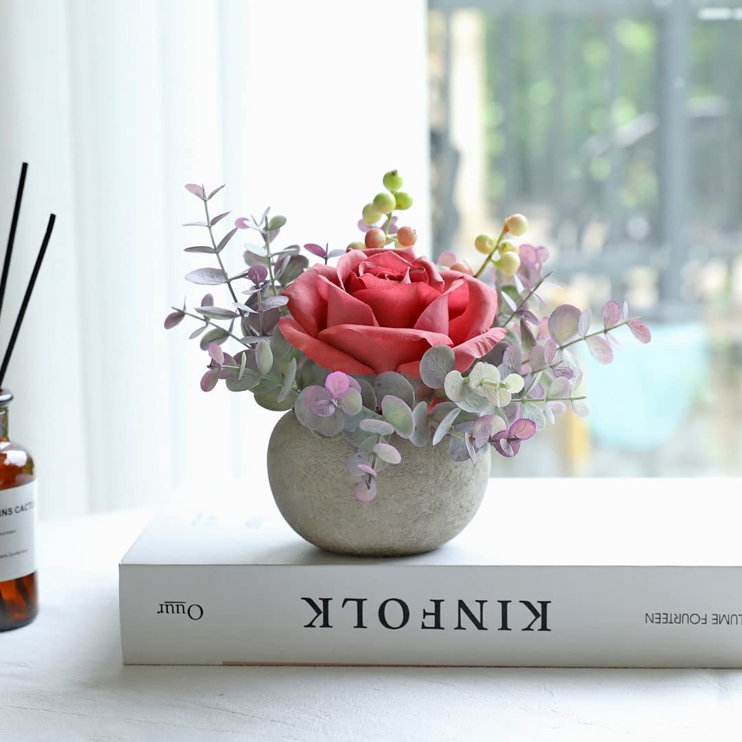 Rosscer Small Artificial Pink Rose Potted Plant, 6″ Fake Silk Flowers in 3.5″…
