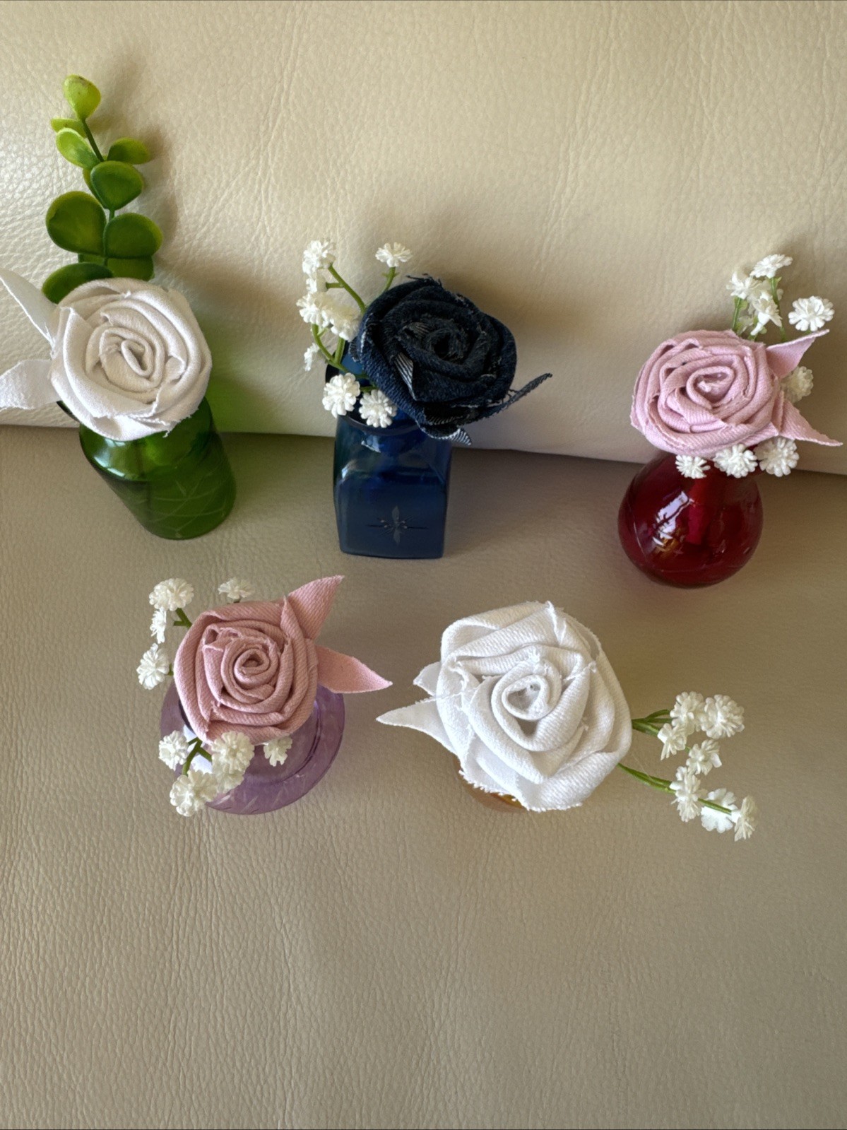 Five Small Upcycled 3 1/2” Vases With Coordinating Colors Handmade Denim Roses