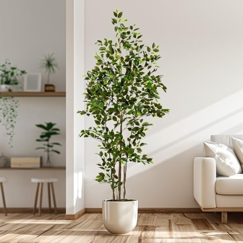 Artificial Ficus Tree 7ft Tall Potted Faux Plant Realistic Silk Leaves Indoor