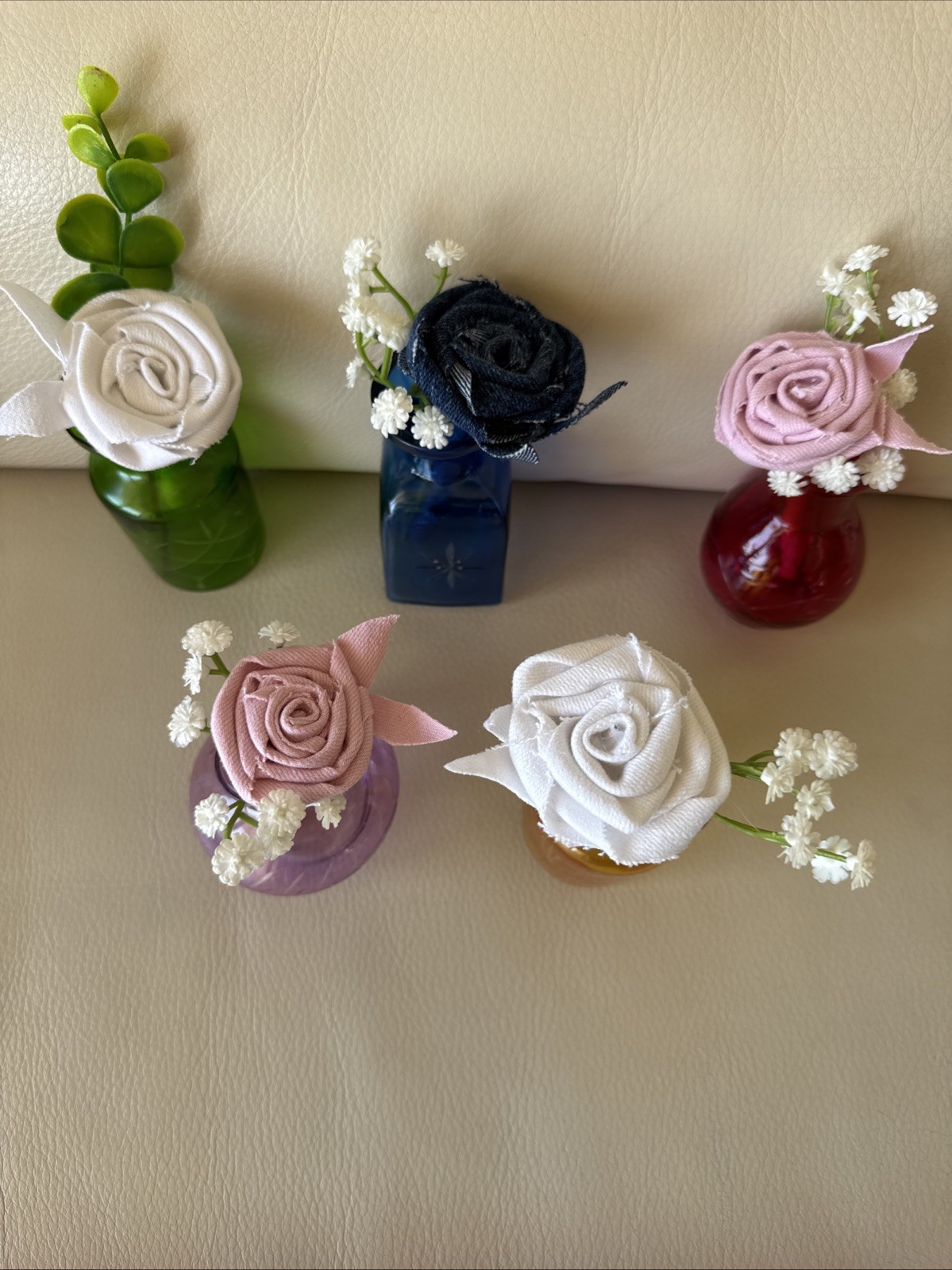 Five Small Upcycled 3 1/2” Vases With Coordinating Colors Handmade Denim Roses