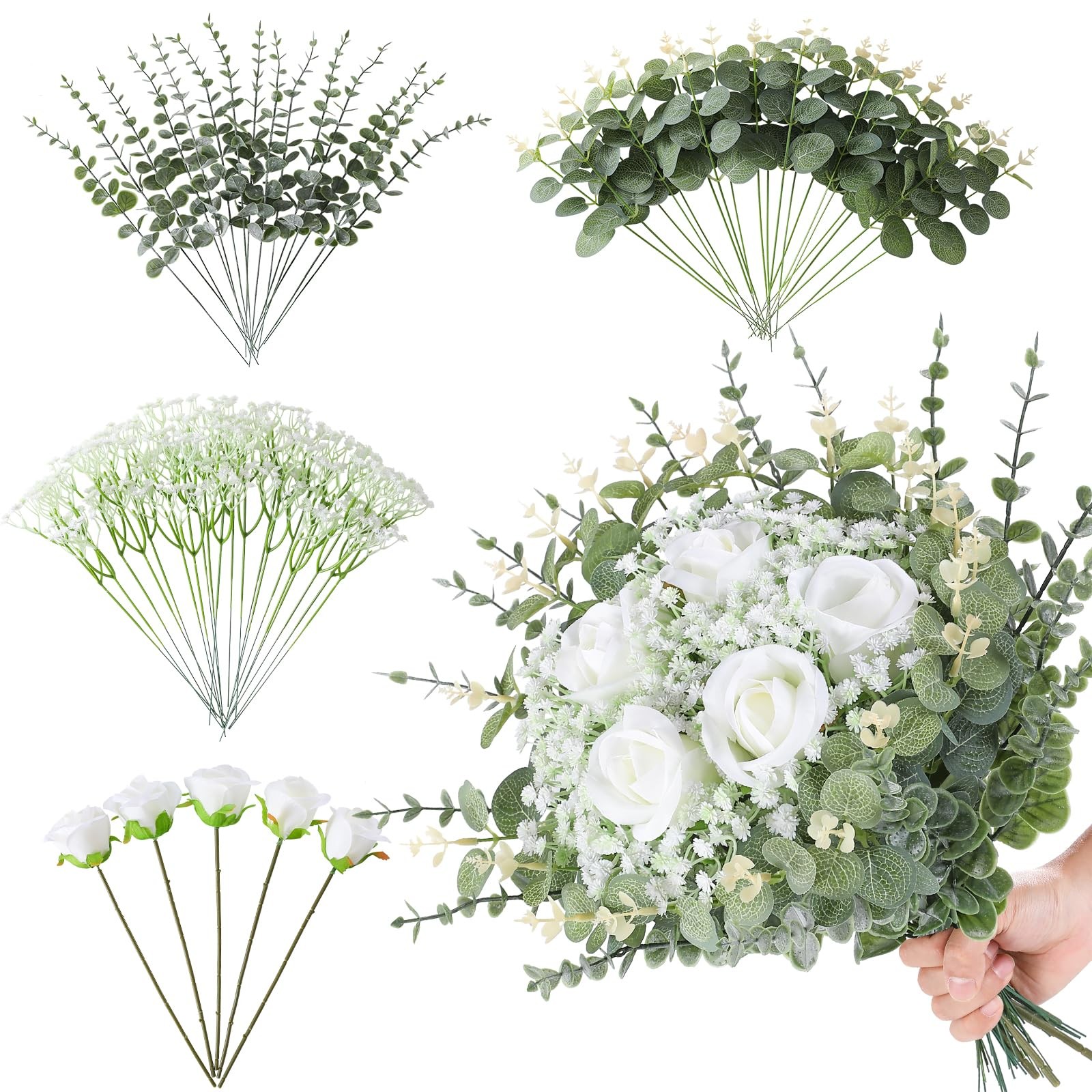 60 Pcs 4 Kinds Mixed Artificial Eucalyptus Stems, Rose Baby’s Breath Fake Flo…