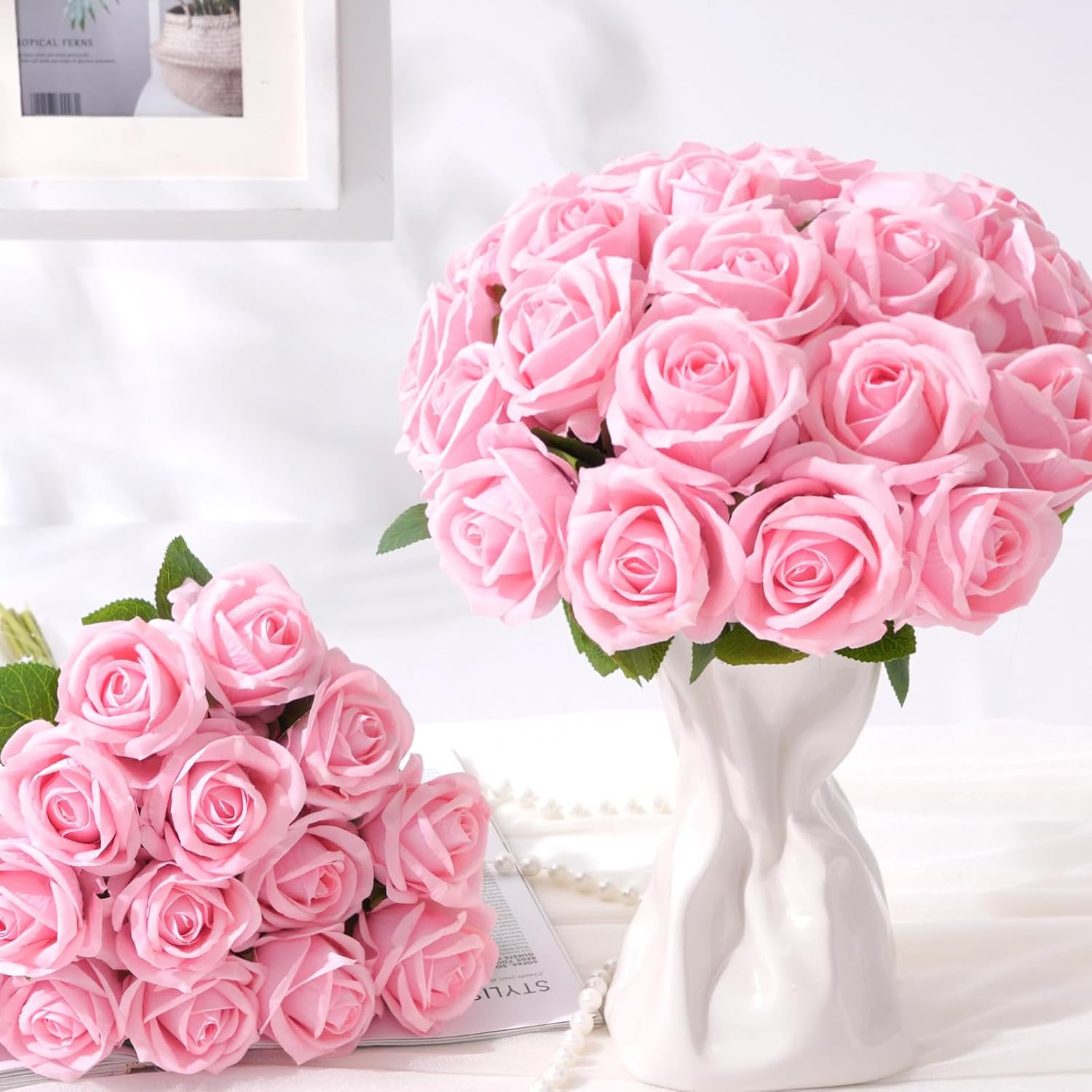 50 Pcs Pink Roses Artificial Flowers, Real Touch Velvet Roses Bouquet Fake Flowe