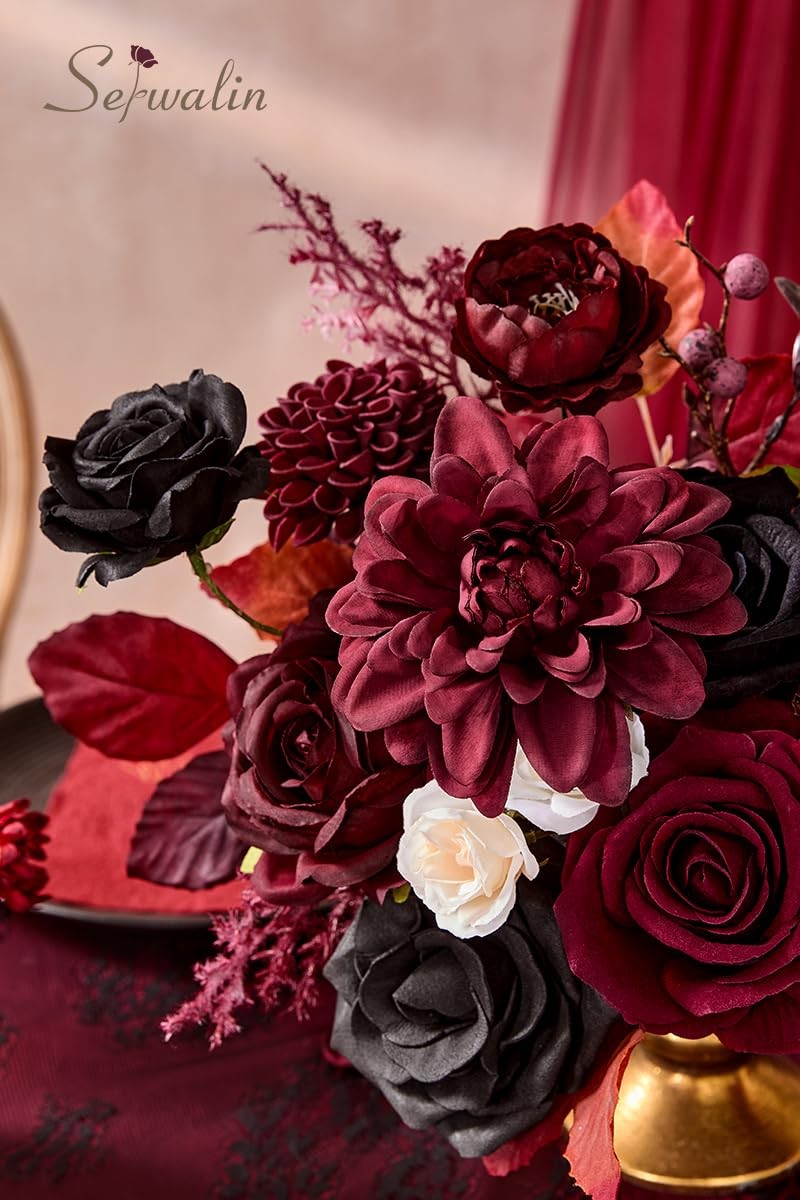 Artificial Burgundy Black Flowers Red Rose Silk Bridal Bouquet Table Decor