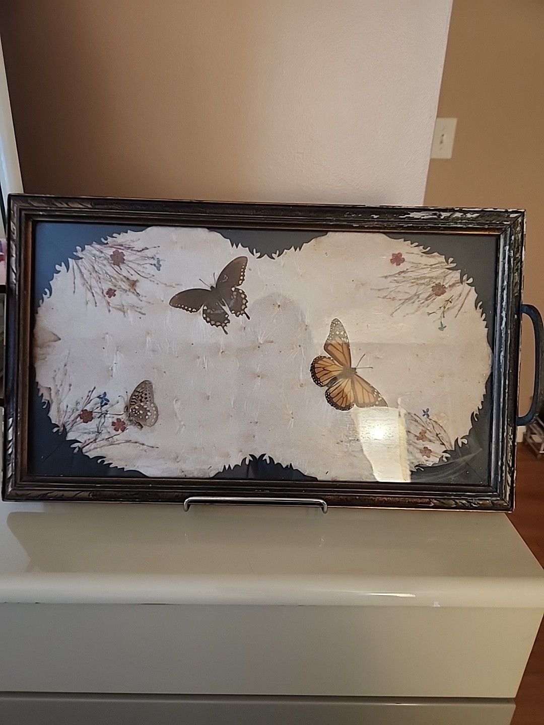 Vintage Butterfly Style Art Glass Tray W/ Stand