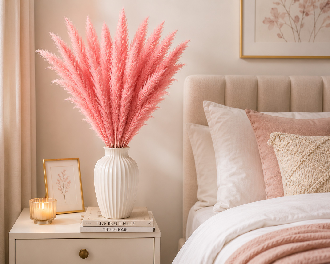 15 Stems Pink Pampas Grass 21″ Dried Floral Bouquet Boho Wedding Home Decor