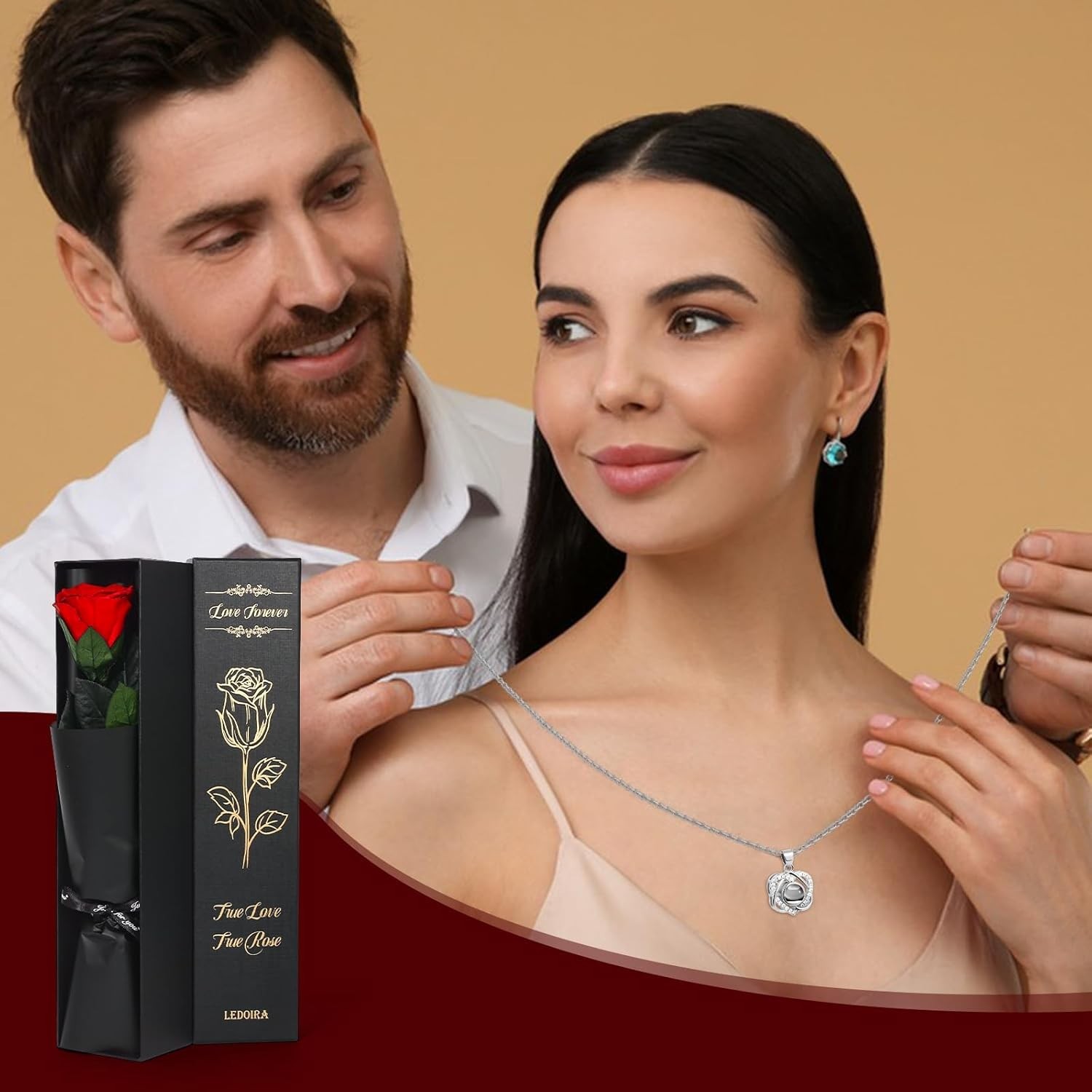 Ledoira Preserved Real Rose Forever Flowers with Heart I Red With Necklace
