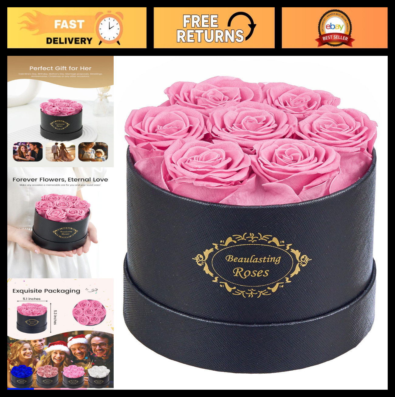 Long Lasting Preserved Roses in Round Black Box – Forever Flowers for Mom, Wife,