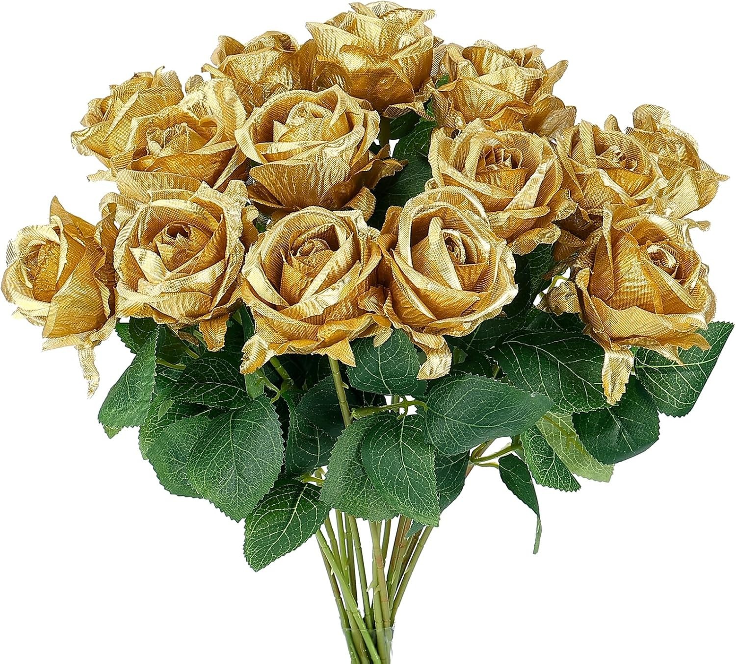 14PCS Gold Artificial Roses, Silk Rose Bouquet with Long Stems for Father’s D…
