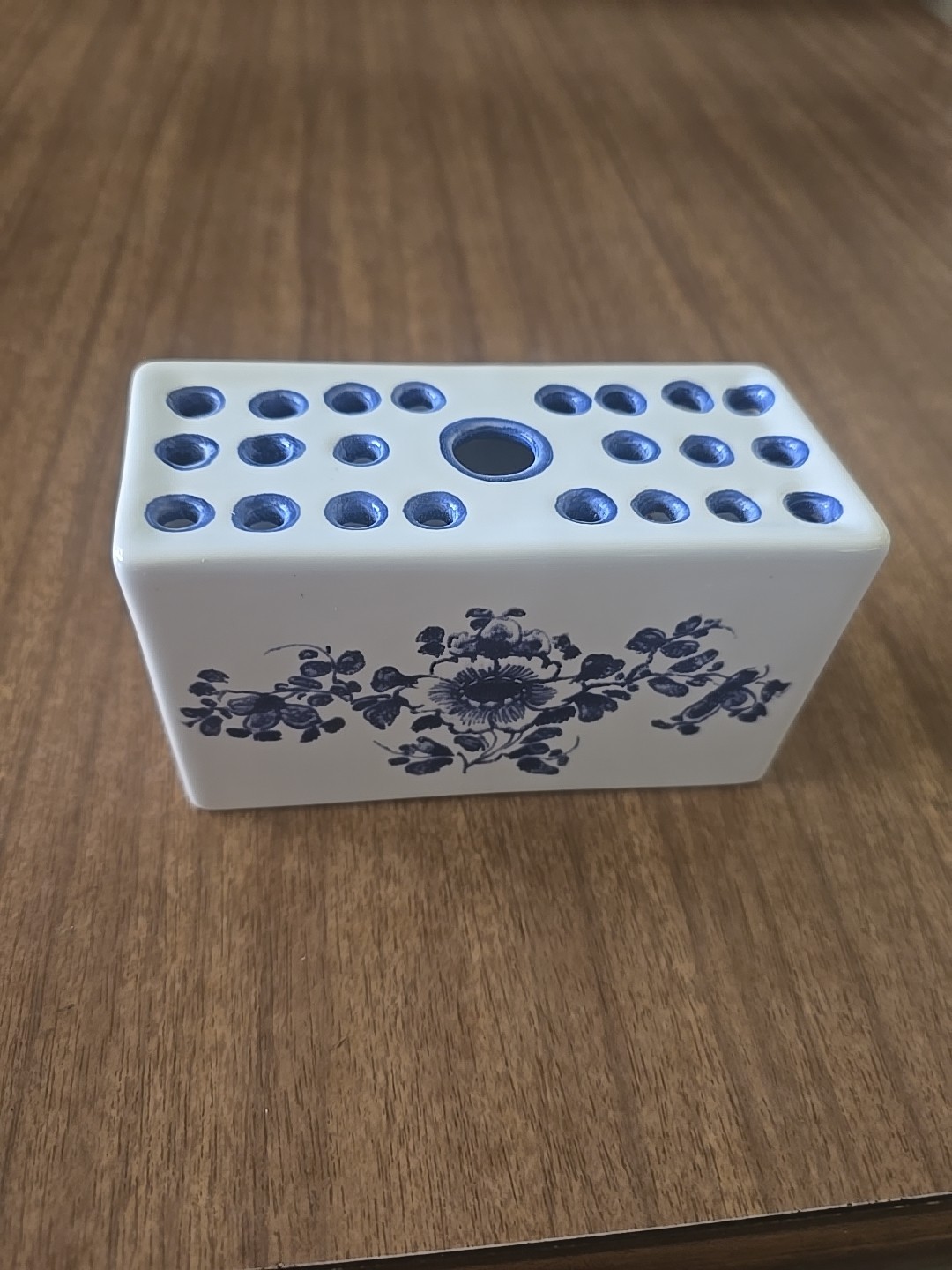 Hand Painted Ceramic Blue and White Flower Frog Vase, 1992 Made in Portugal